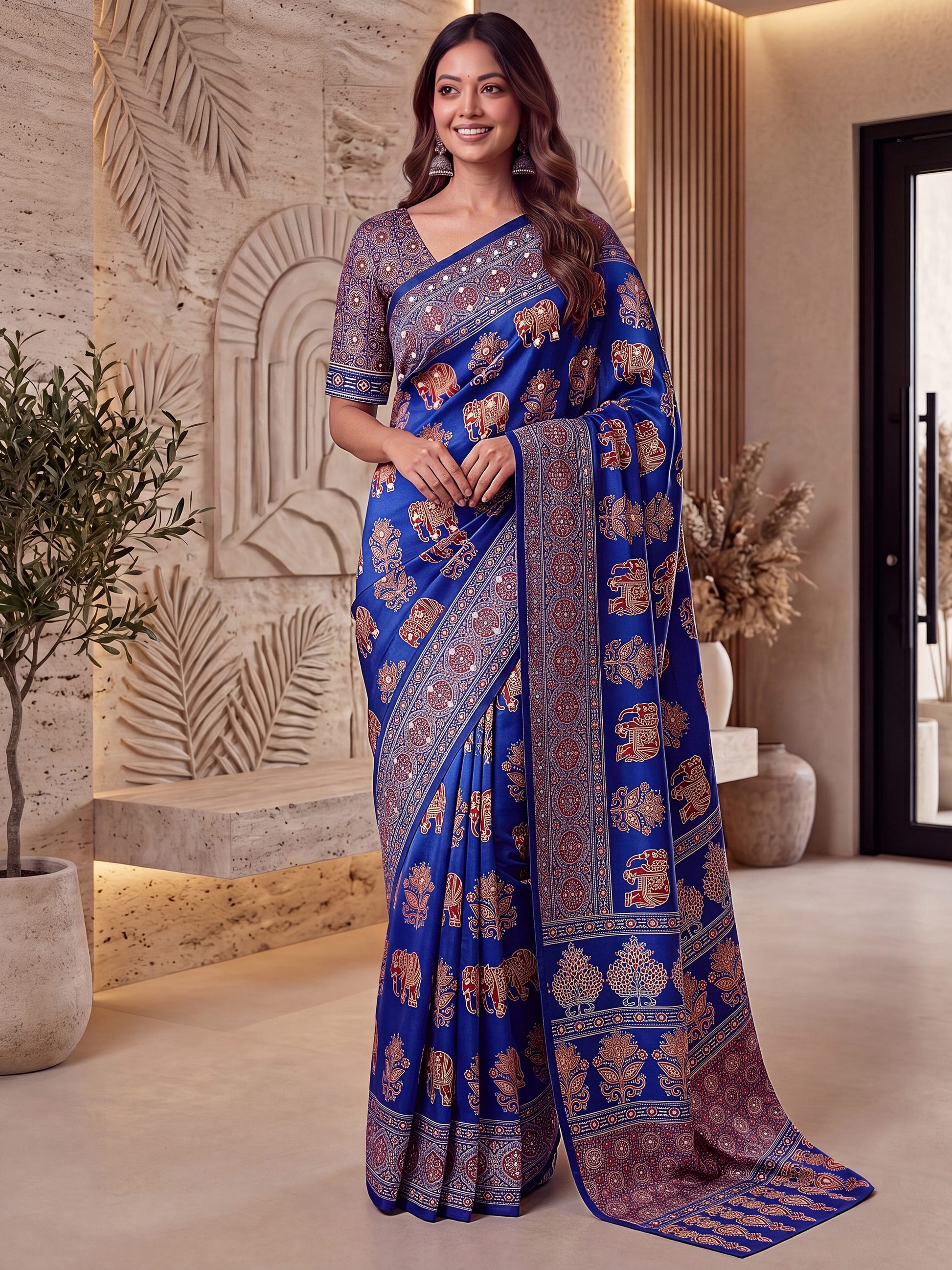 Gorgeous Blue Mirror Work Crepe Festival Wear Saree With Blouse