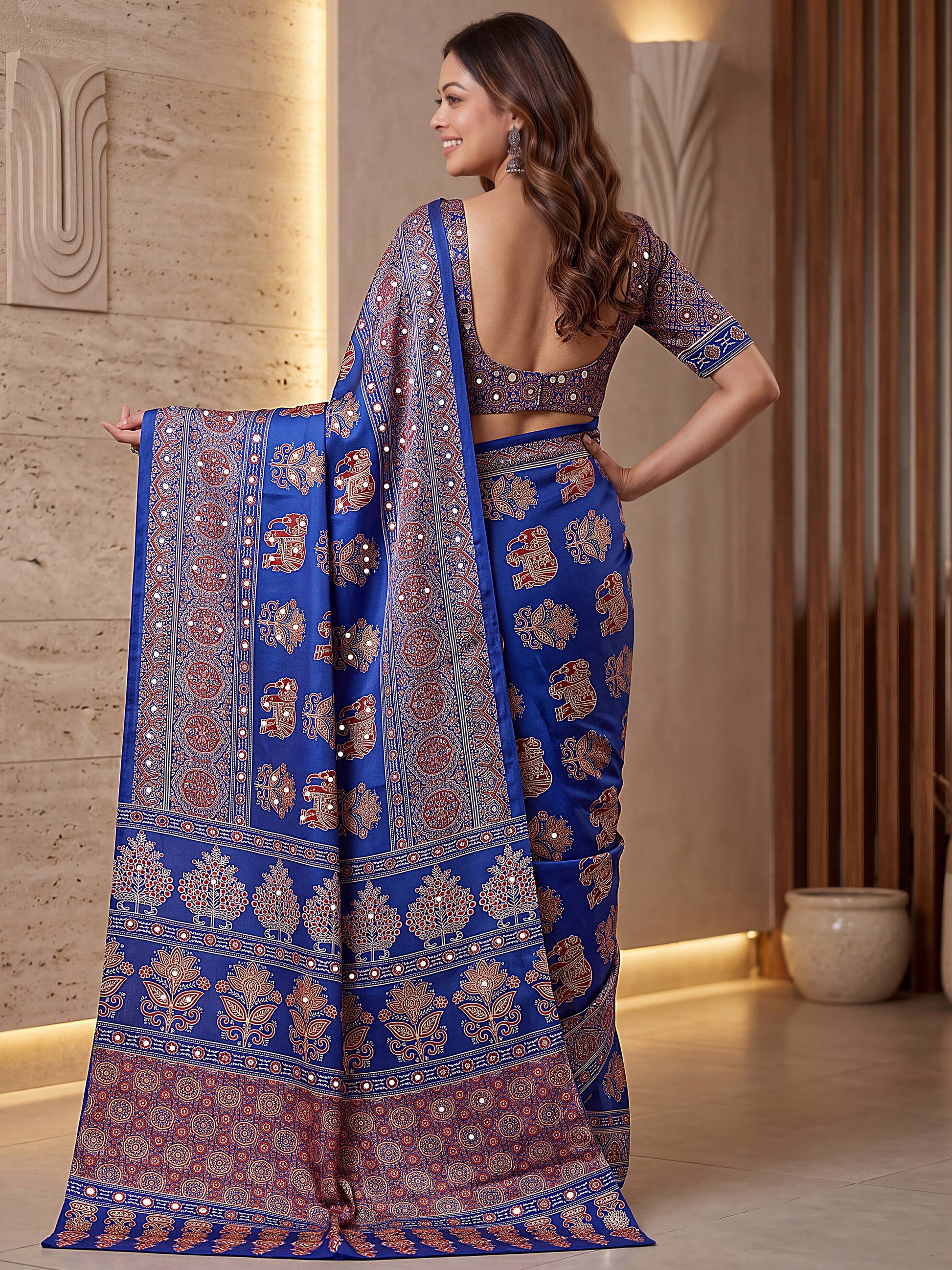 Gorgeous Blue Mirror Work Crepe Festival Wear Saree With Blouse