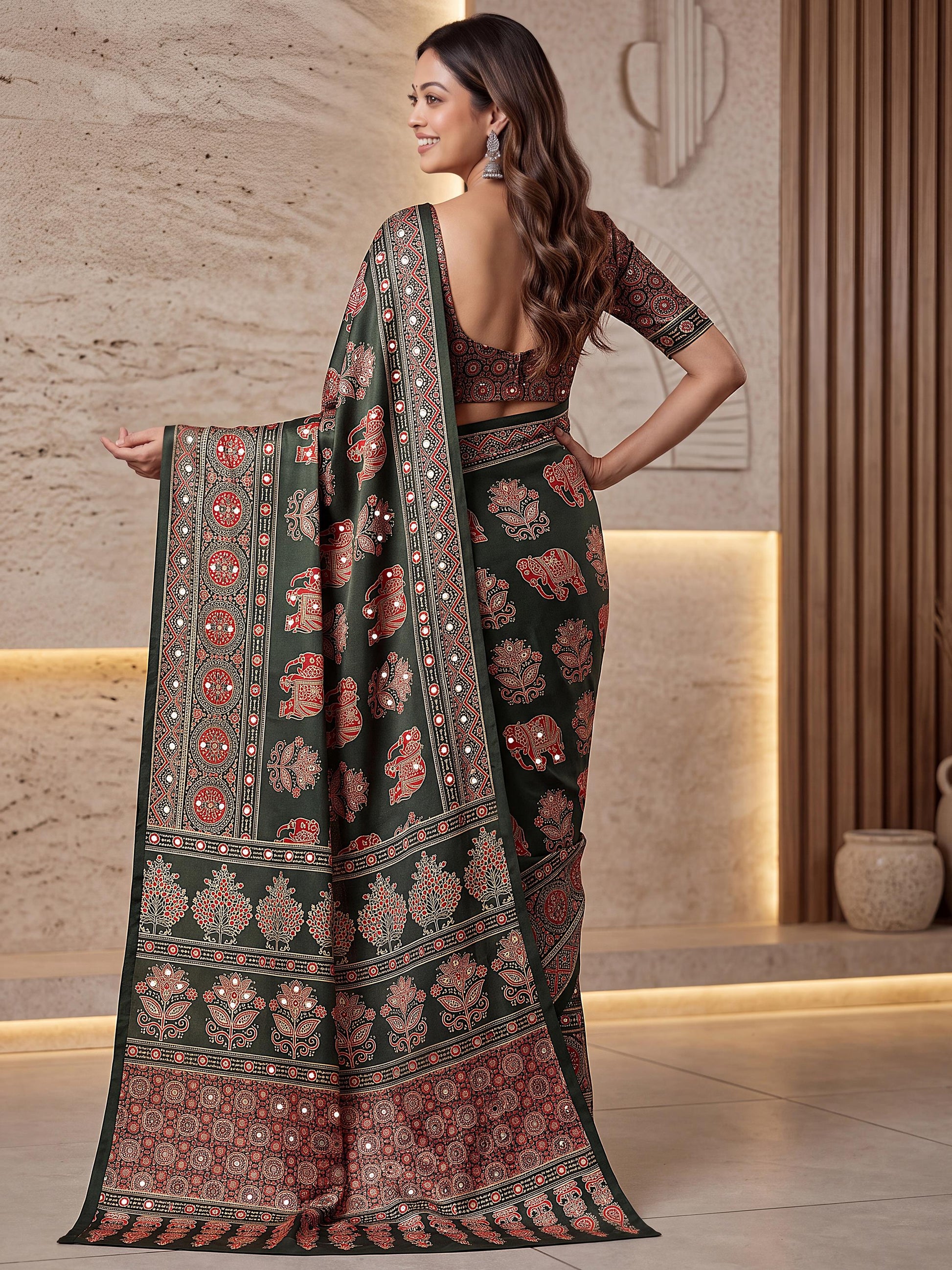 Wonderful Dark Green Ajrak Print Crepe Festive Wear Saree With Blouse