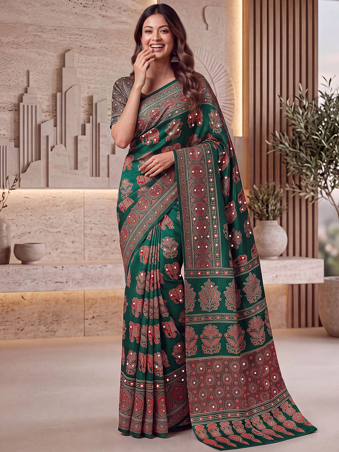 Enchanting Green Ajrak Printed Crepe Wedding Wear Saree With Blouse