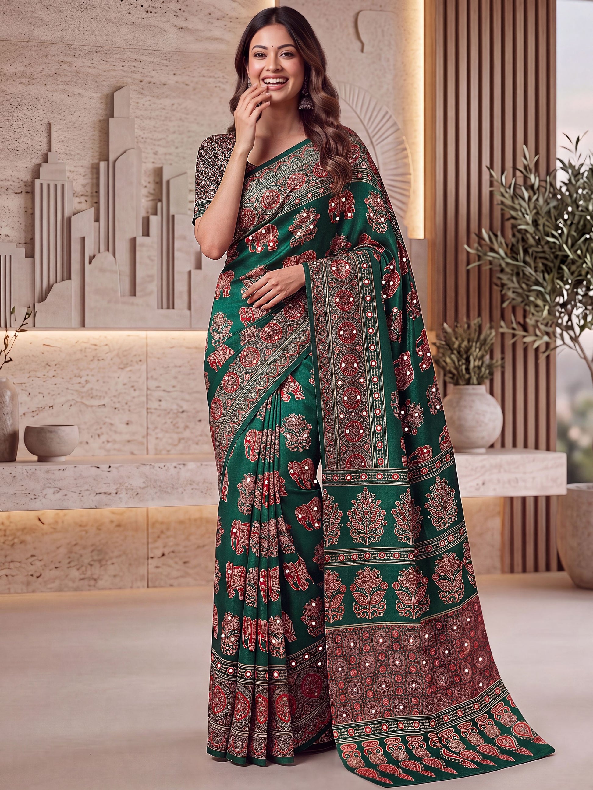 Enchanting Green Ajrak Printed Crepe Wedding Wear Saree With Blouse