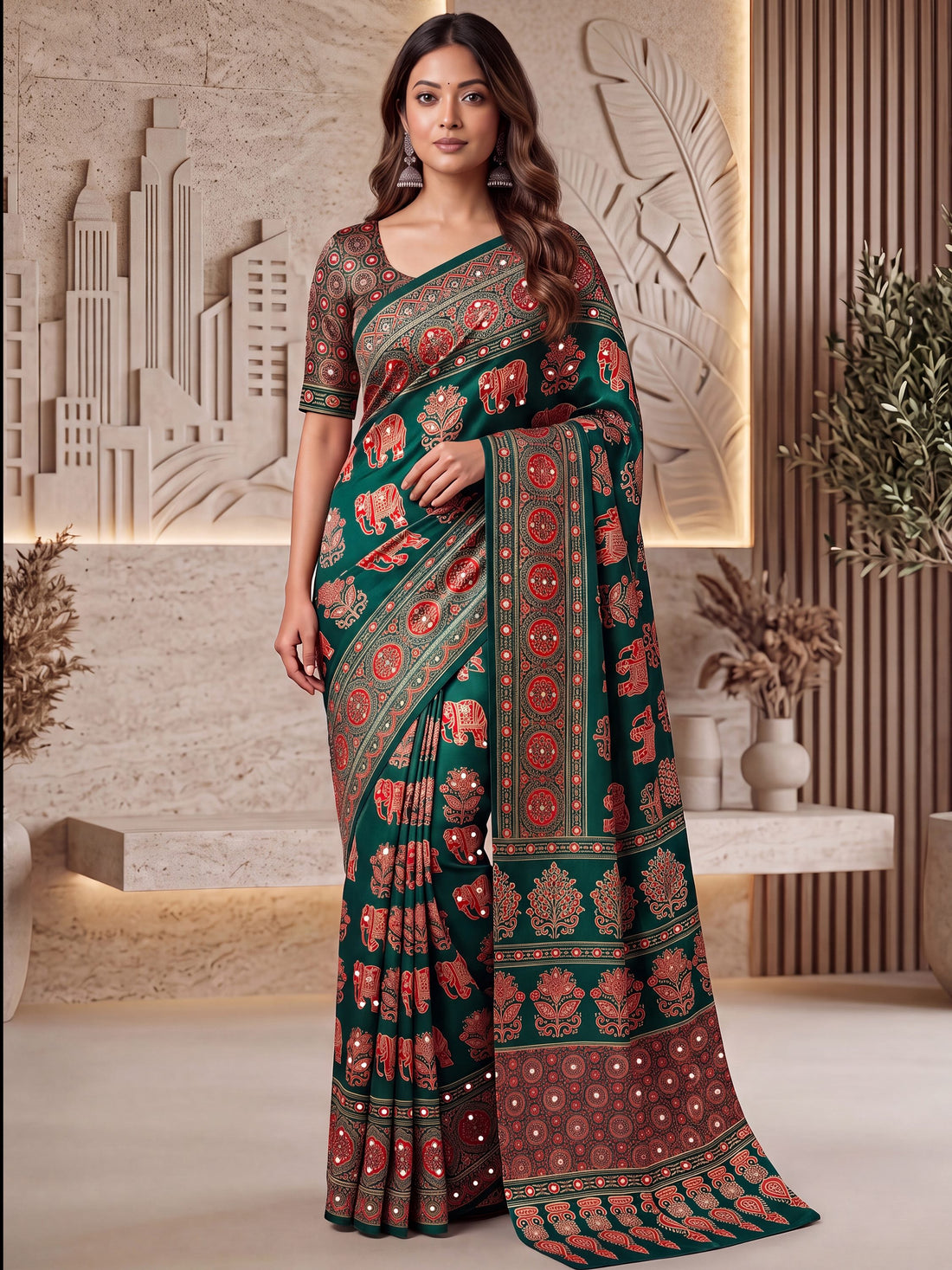 Enchanting Green Ajrak Printed Crepe Wedding Wear Saree With Blouse