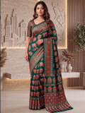 Enchanting Green Ajrak Printed Crepe Wedding Wear Saree With Blouse