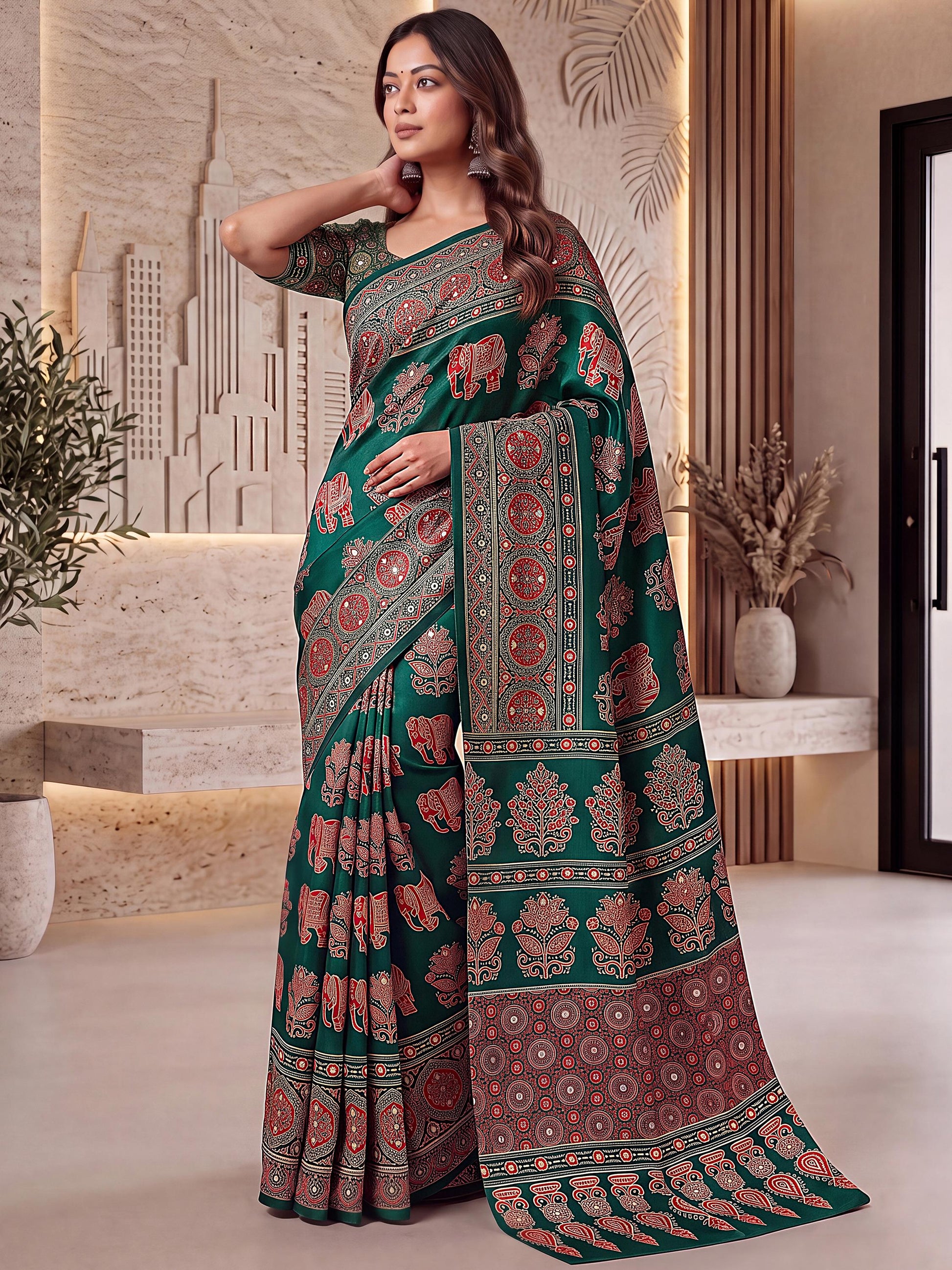 Enchanting Green Ajrak Printed Crepe Wedding Wear Saree With Blouse