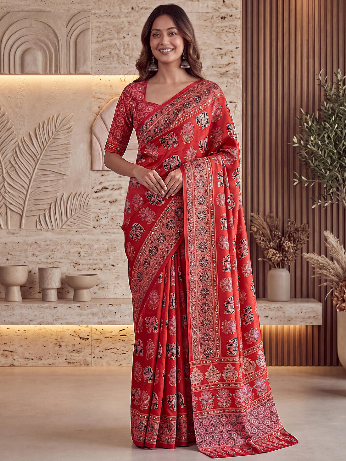 Classic Red Mirror Work Crepe Traditional Wear Saree With Blouse