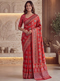 Classic Red Mirror Work Crepe Traditional Wear Saree With Blouse