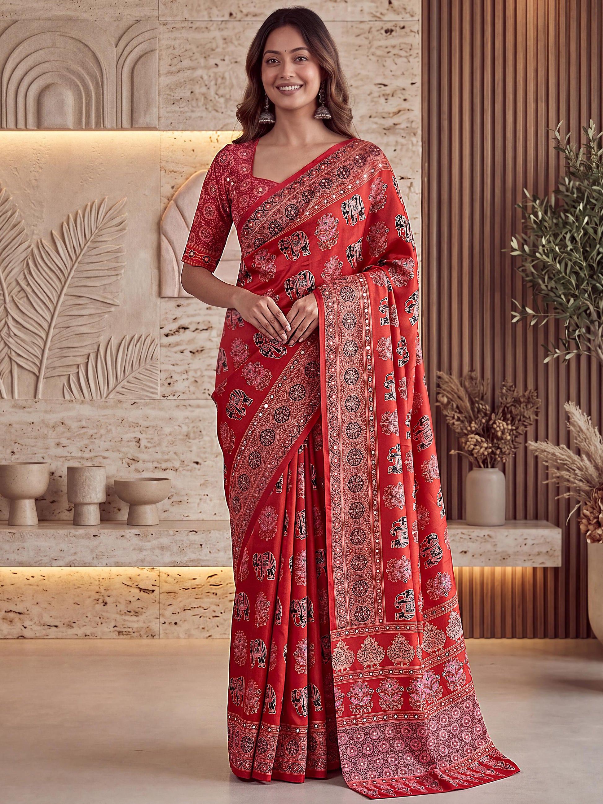 Classic Red Mirror Work Crepe Traditional Wear Saree With Blouse