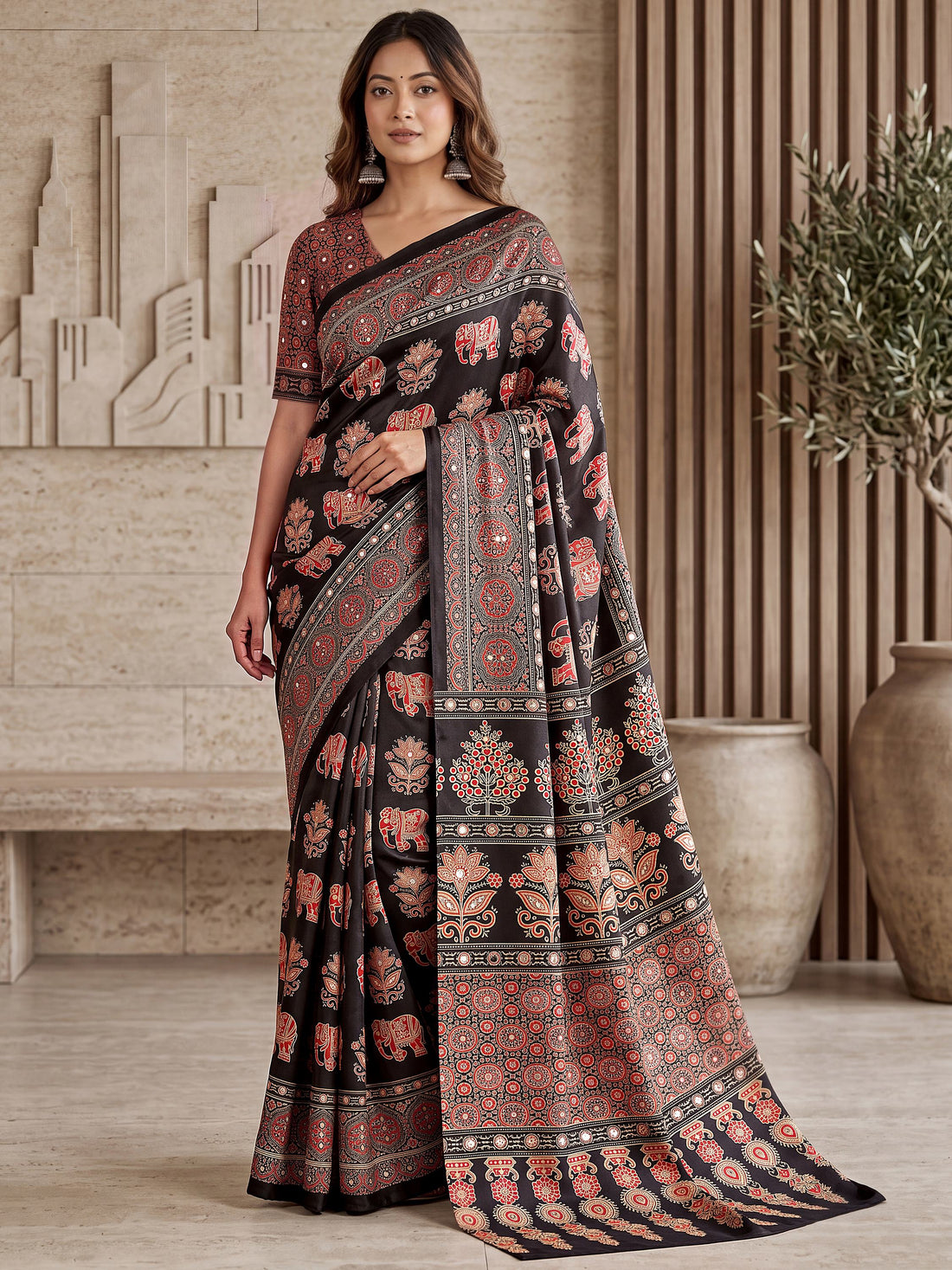 Glamorous Black Mirror Work Crepe Event Wear Saree With Blouse