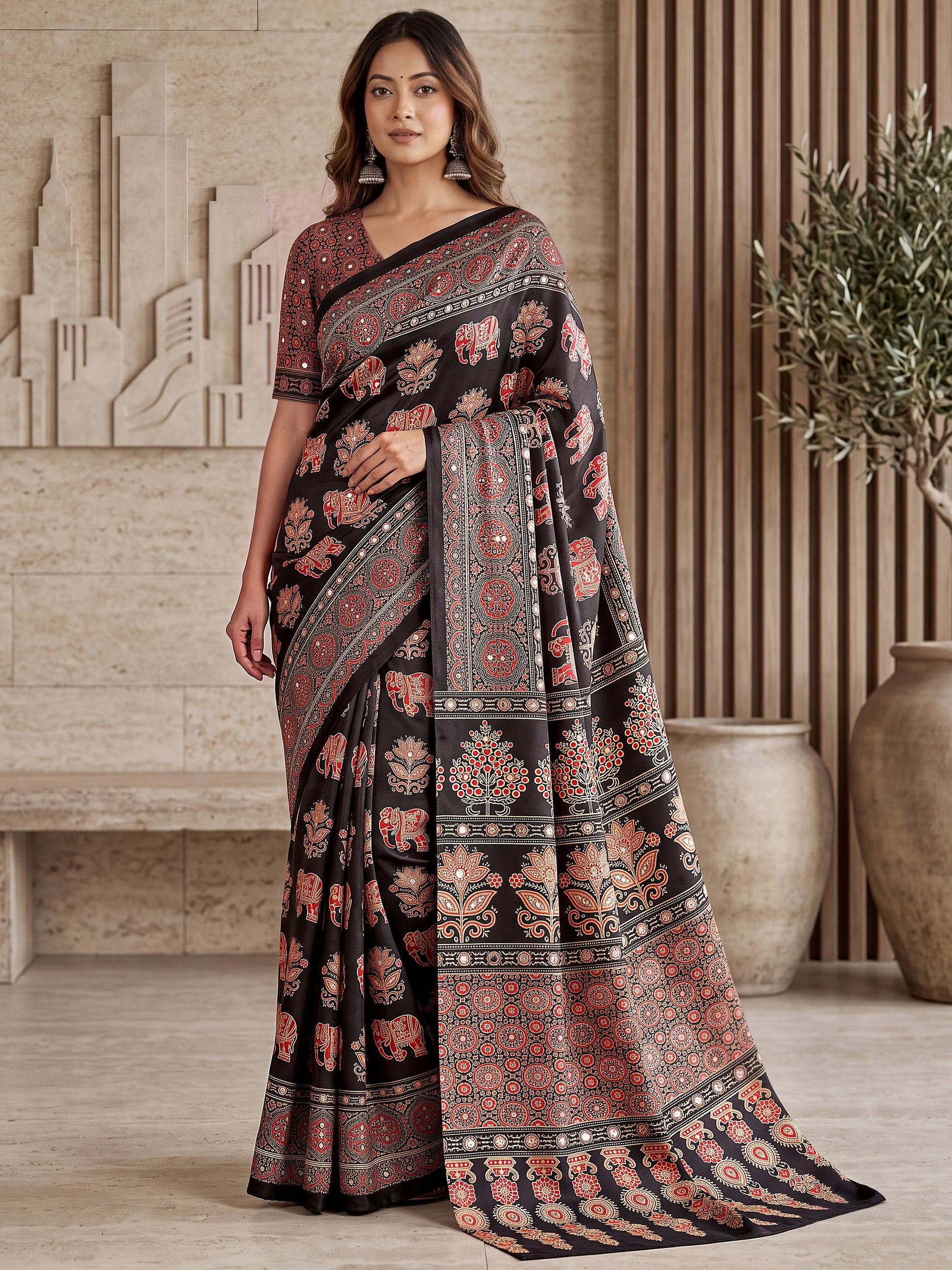 Glamorous Black Mirror Work Crepe Event Wear Saree With Blouse
