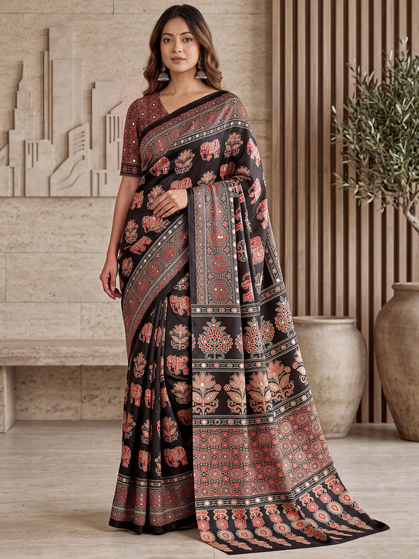 Glamorous Black Mirror Work Crepe Event Wear Saree With Blouse
