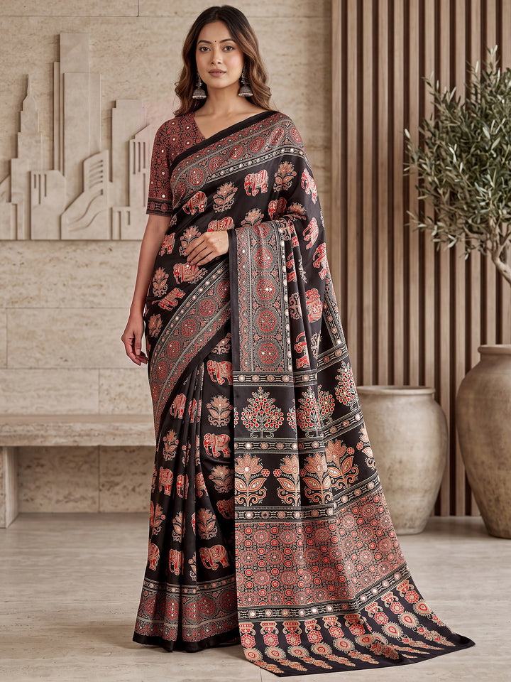 Glamorous Black Mirror Work Crepe Event Wear Saree With Blouse