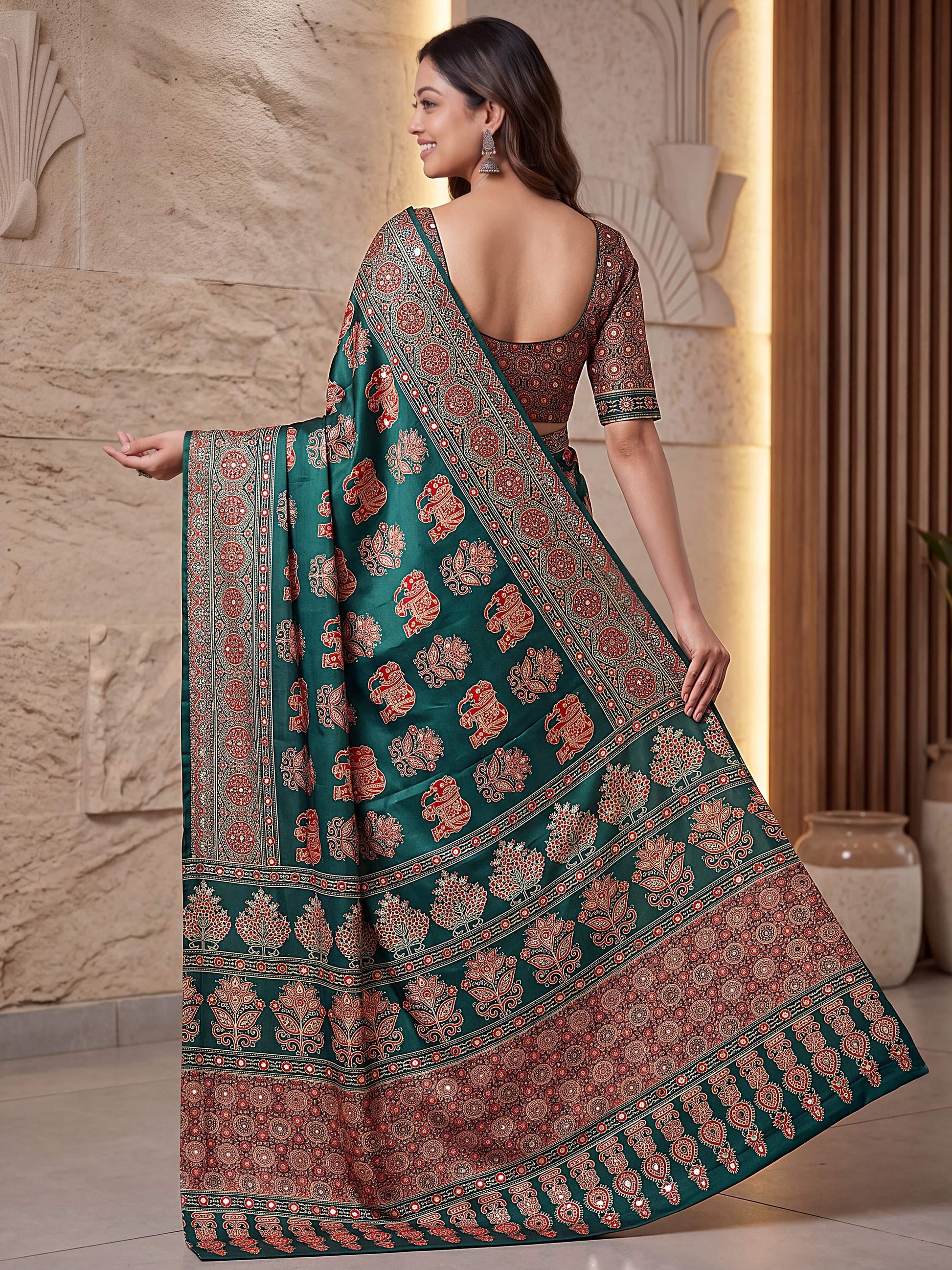 Enchanting Green Ajrak Printed Crepe Wedding Wear Saree With Blouse