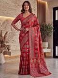 Classic Red Mirror Work Crepe Traditional Wear Saree With Blouse