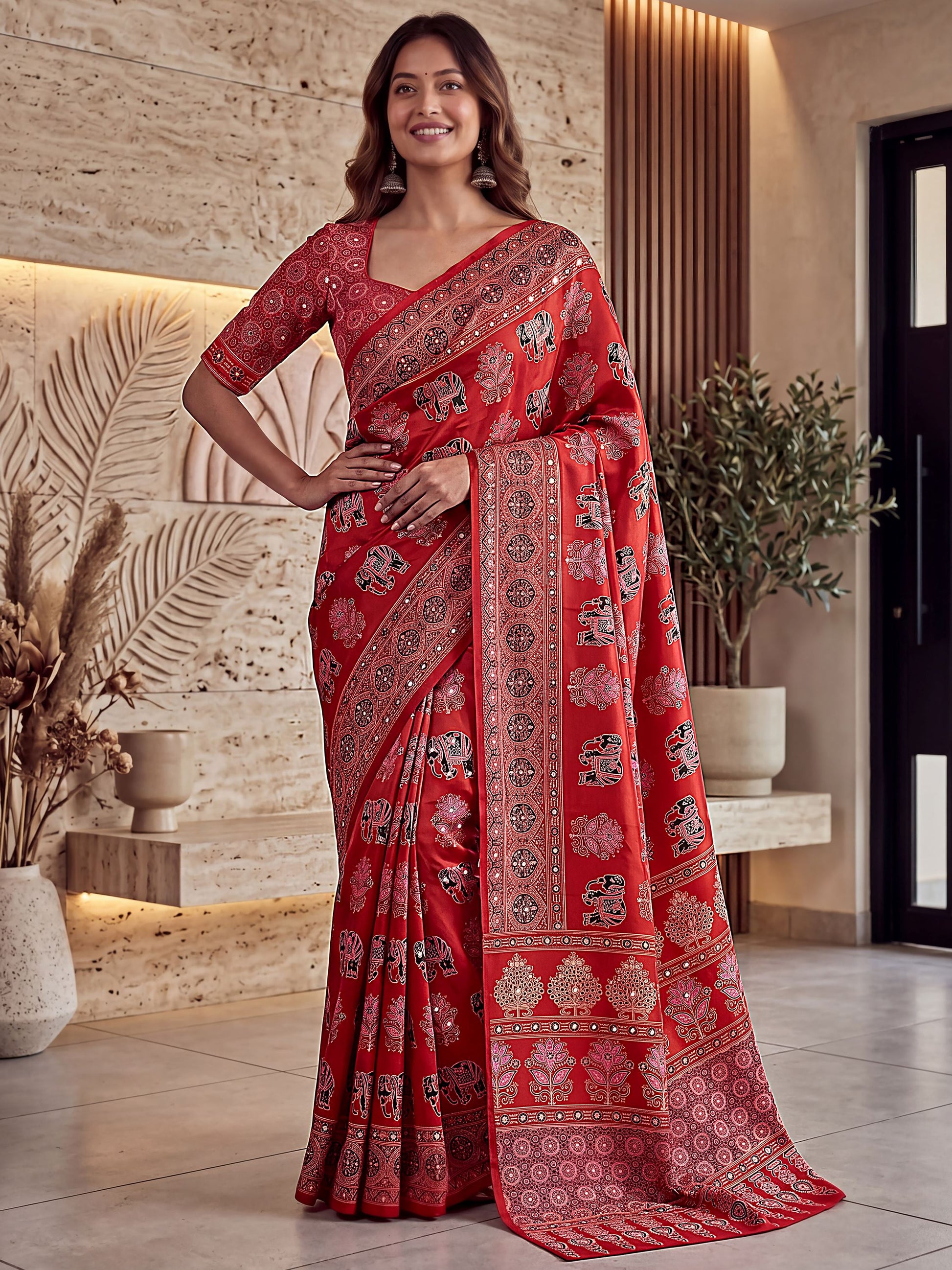 Classic Red Mirror Work Crepe Traditional Wear Saree With Blouse
