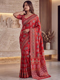 Classic Red Mirror Work Crepe Traditional Wear Saree With Blouse