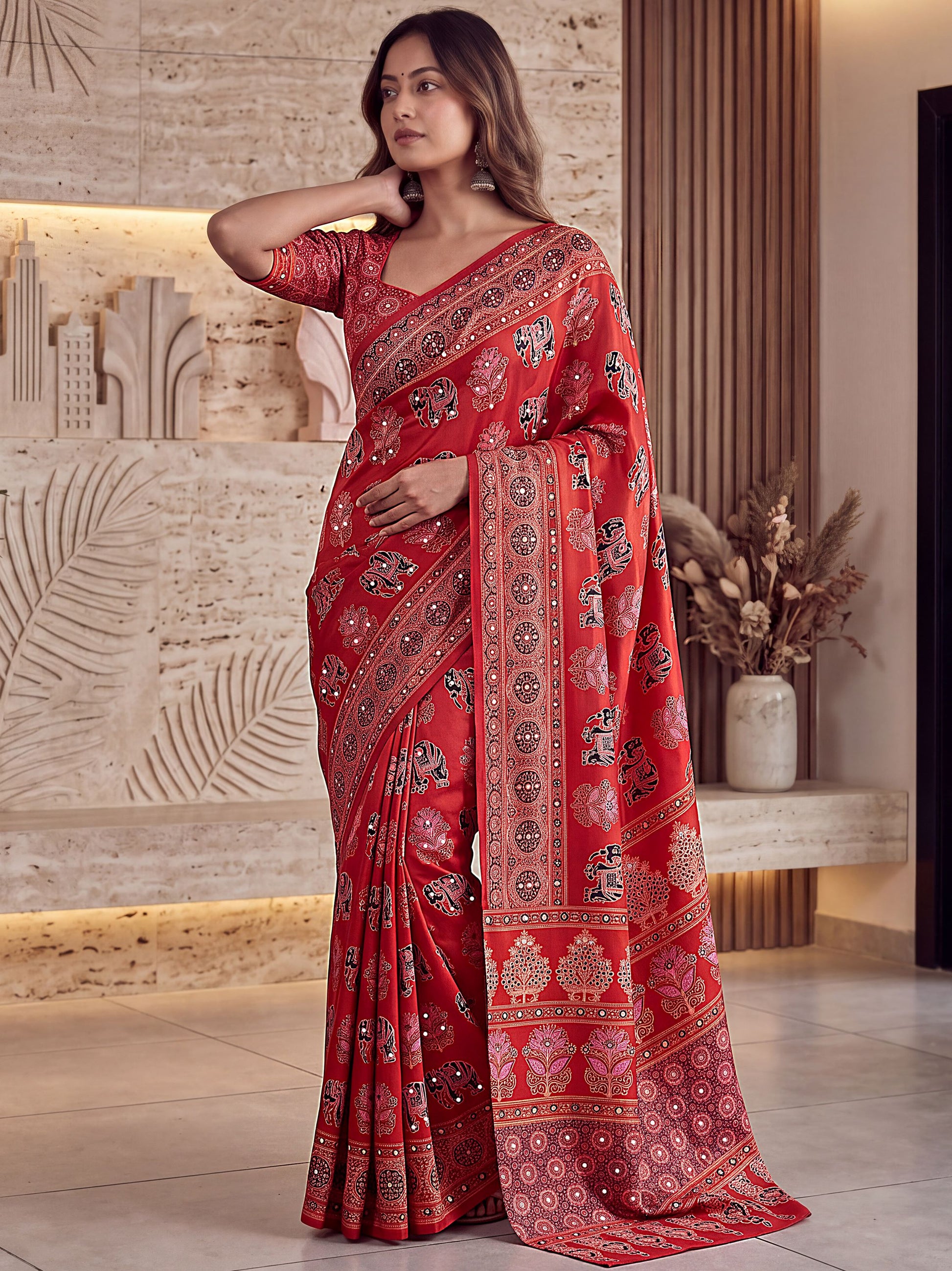 Classic Red Mirror Work Crepe Traditional Wear Saree With Blouse