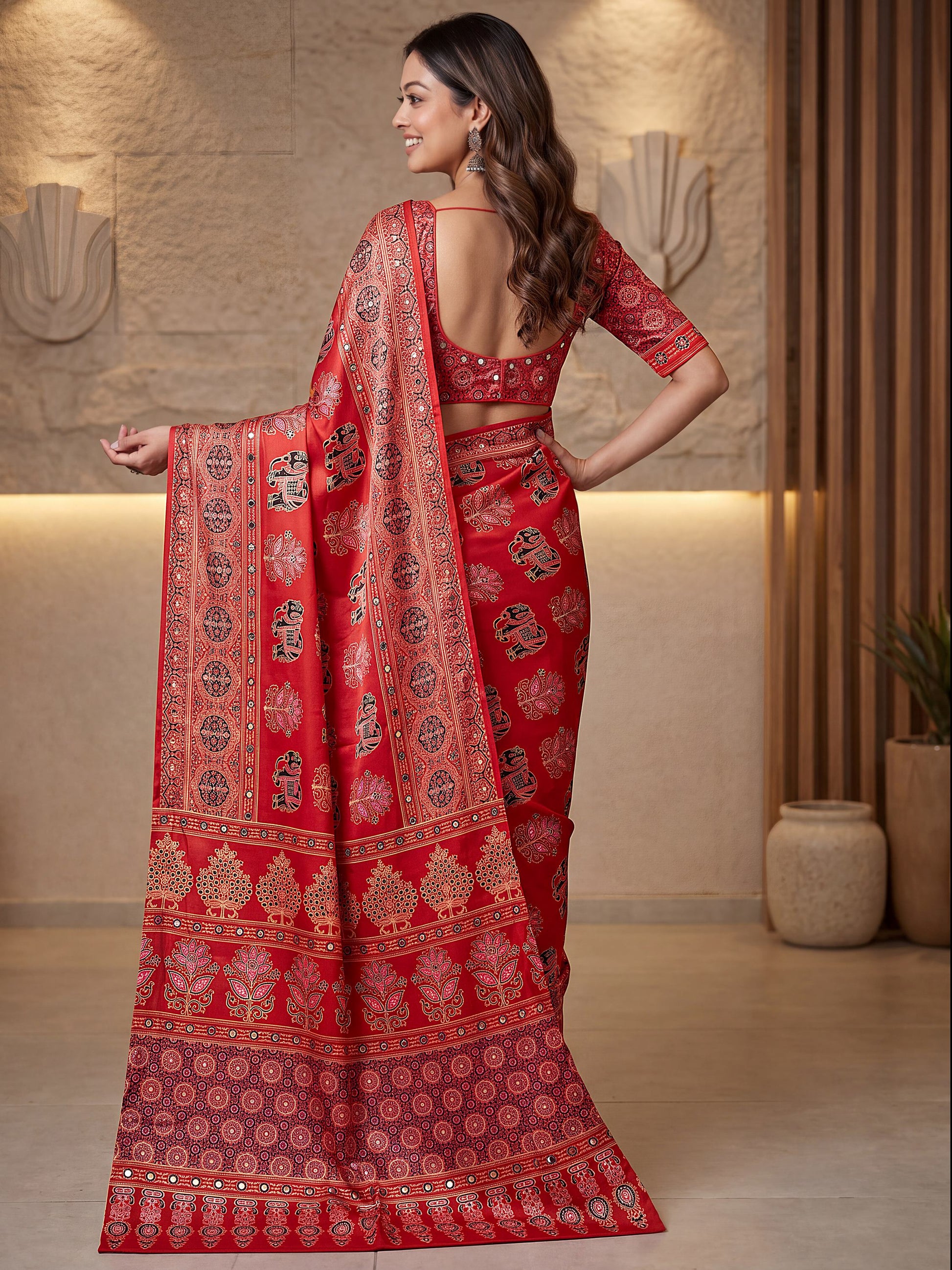 Classic Red Mirror Work Crepe Traditional Wear Saree With Blouse