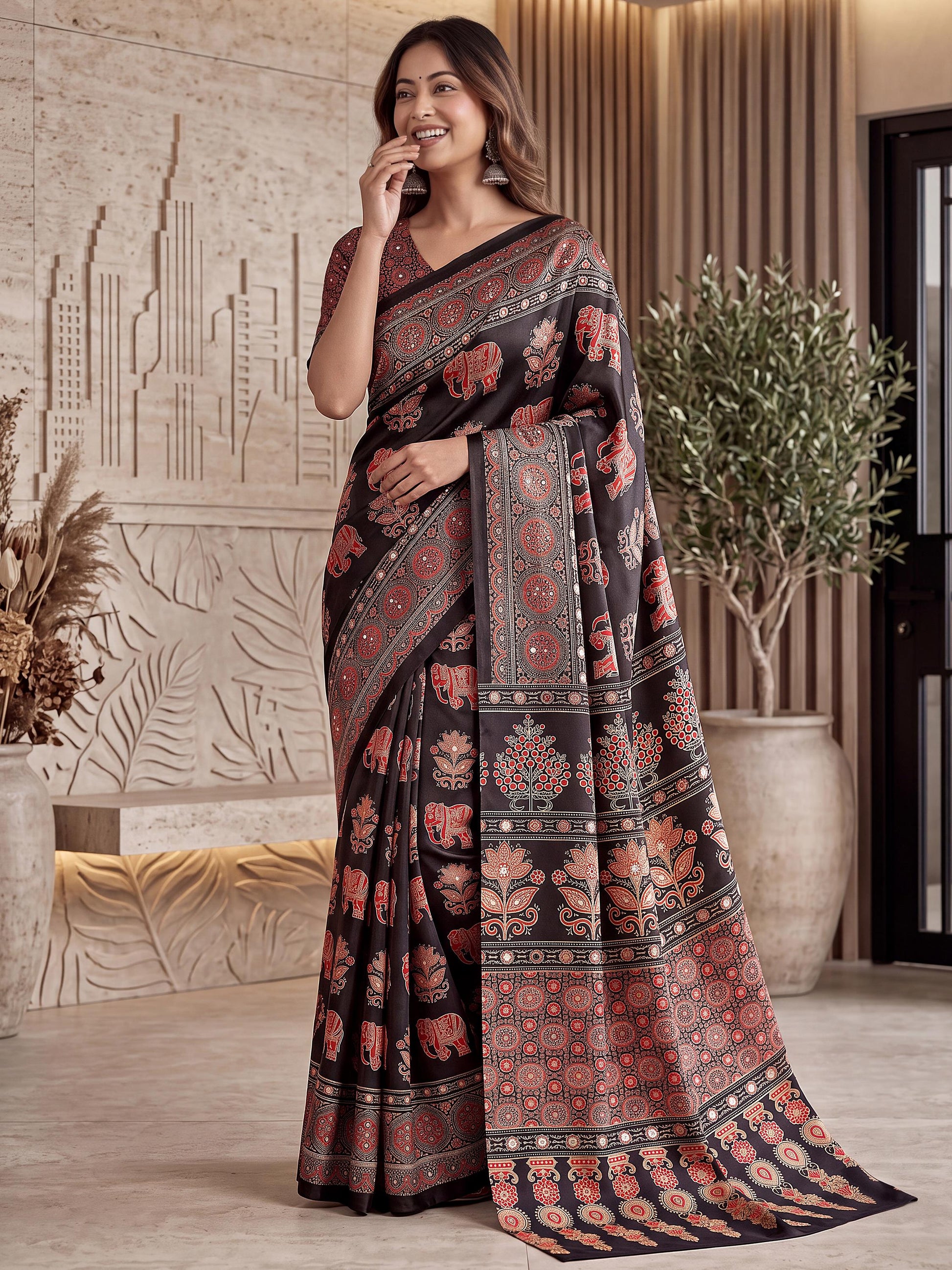 Glamorous Black Mirror Work Crepe Event Wear Saree With Blouse