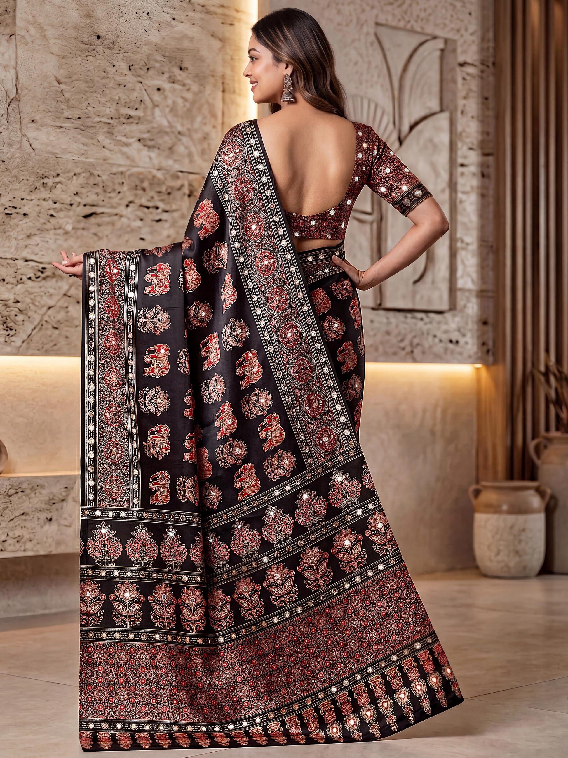 Glamorous Black Mirror Work Crepe Event Wear Saree With Blouse
