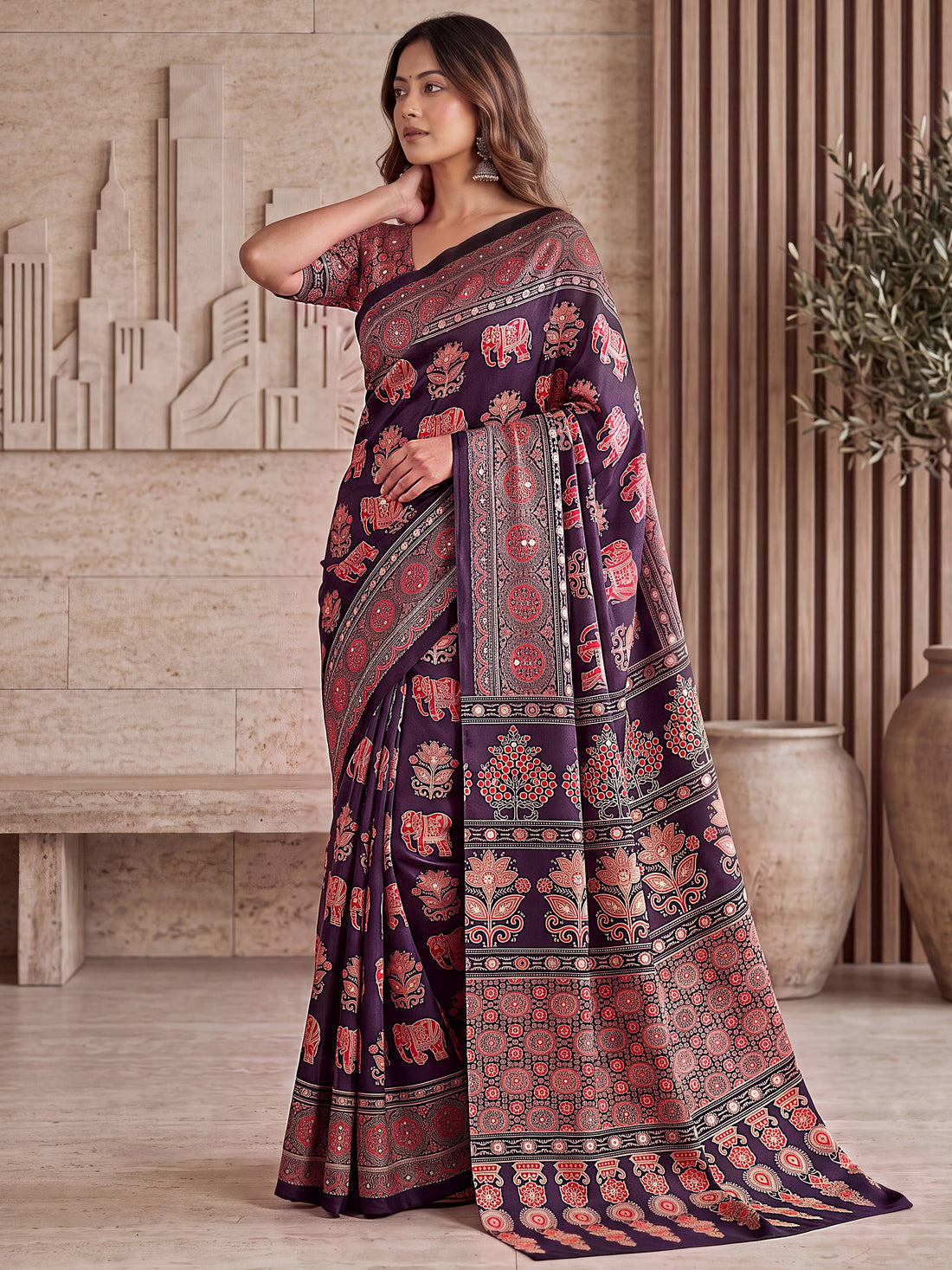 Attractive Wine Mirror Work Crepe Function Wear Saree With Blouse