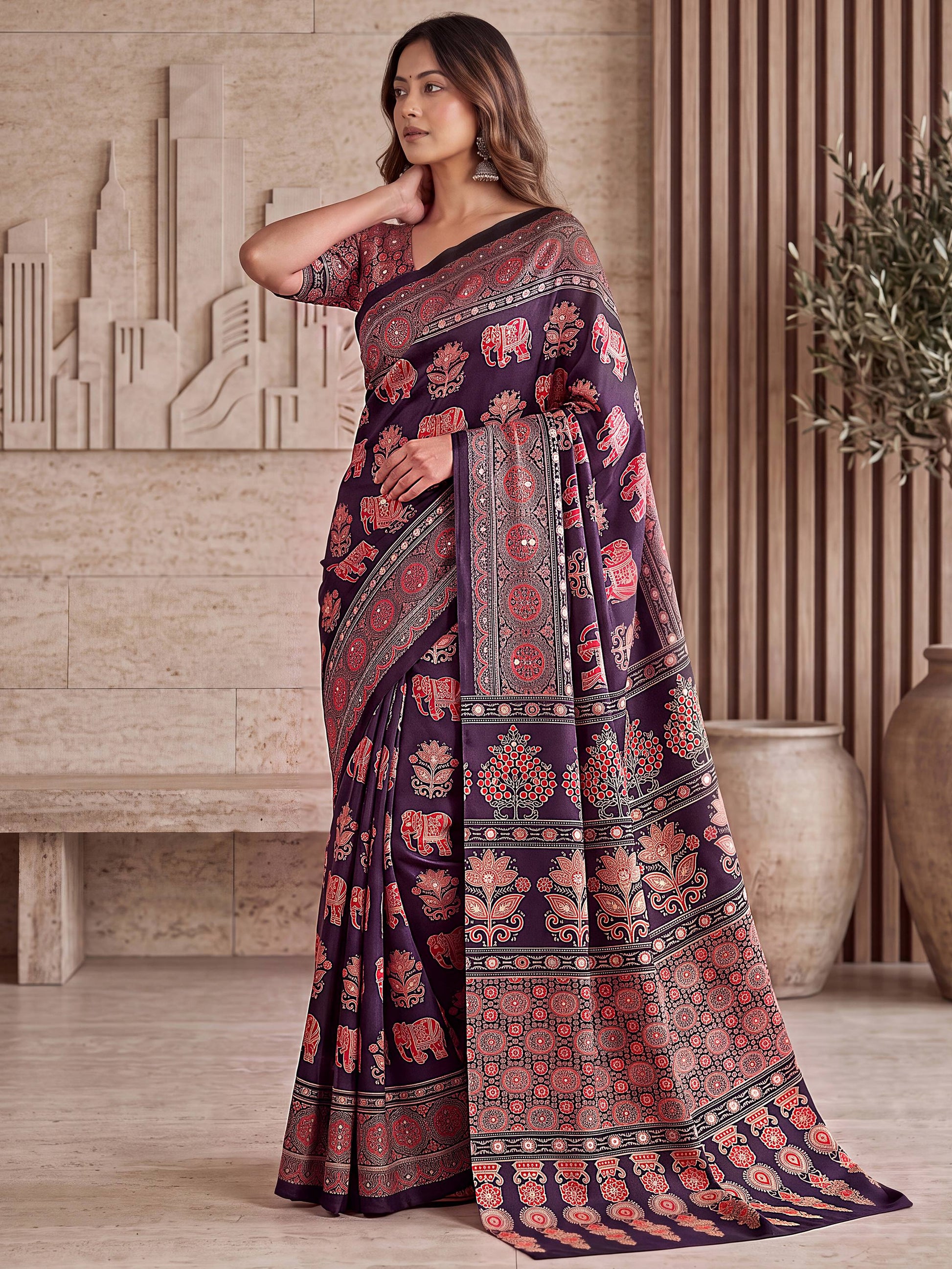 Attractive Wine Mirror Work Crepe Function Wear Saree With Blouse