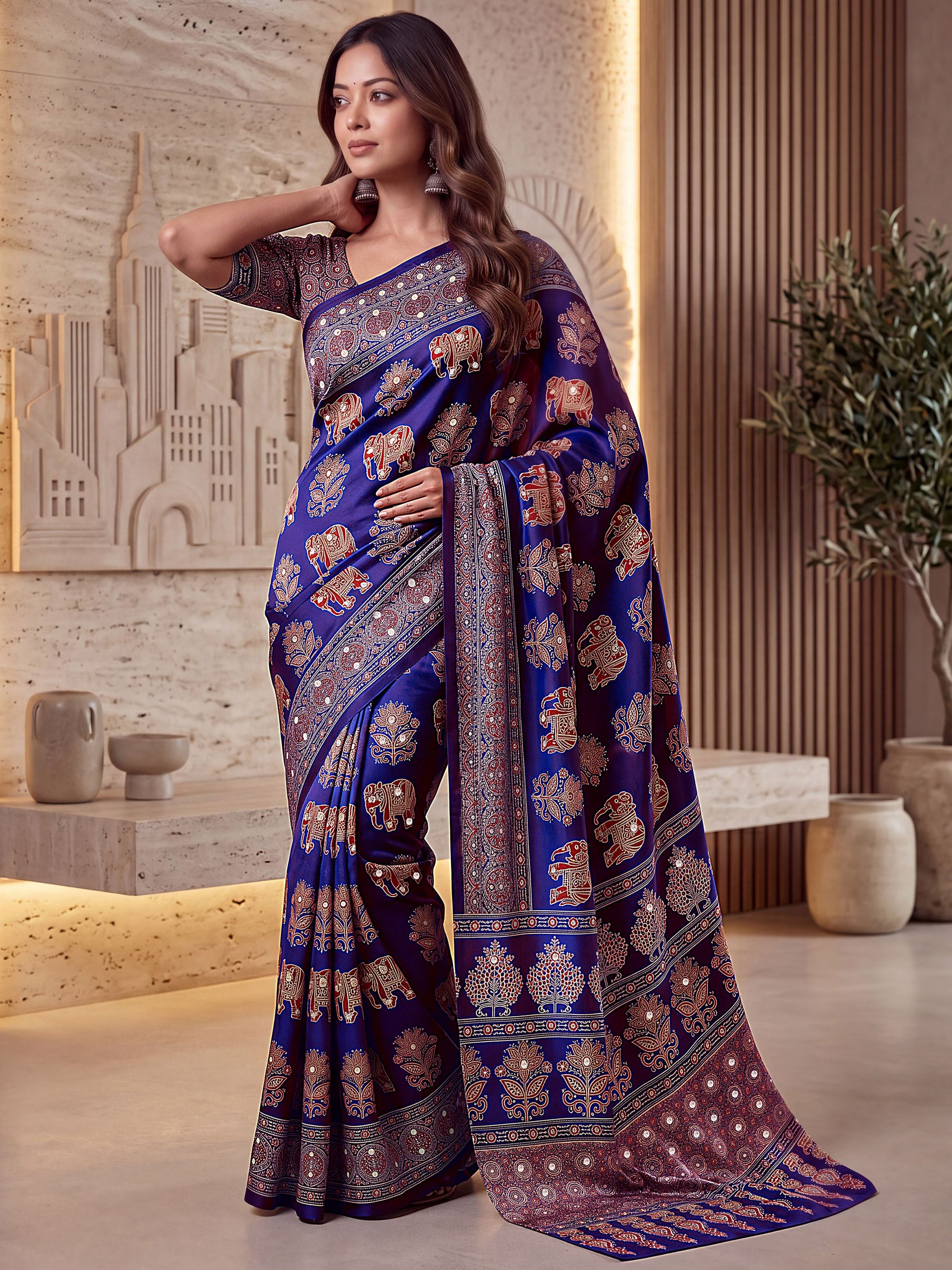 Incredible Purple Ajrak Print Crepe Festival Wear Saree With Blouse