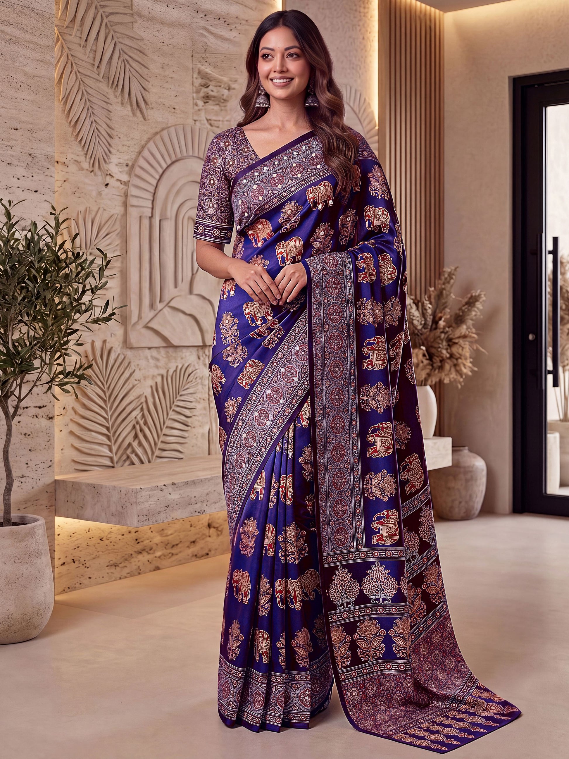 Incredible Purple Ajrak Print Crepe Festival Wear Saree With Blouse