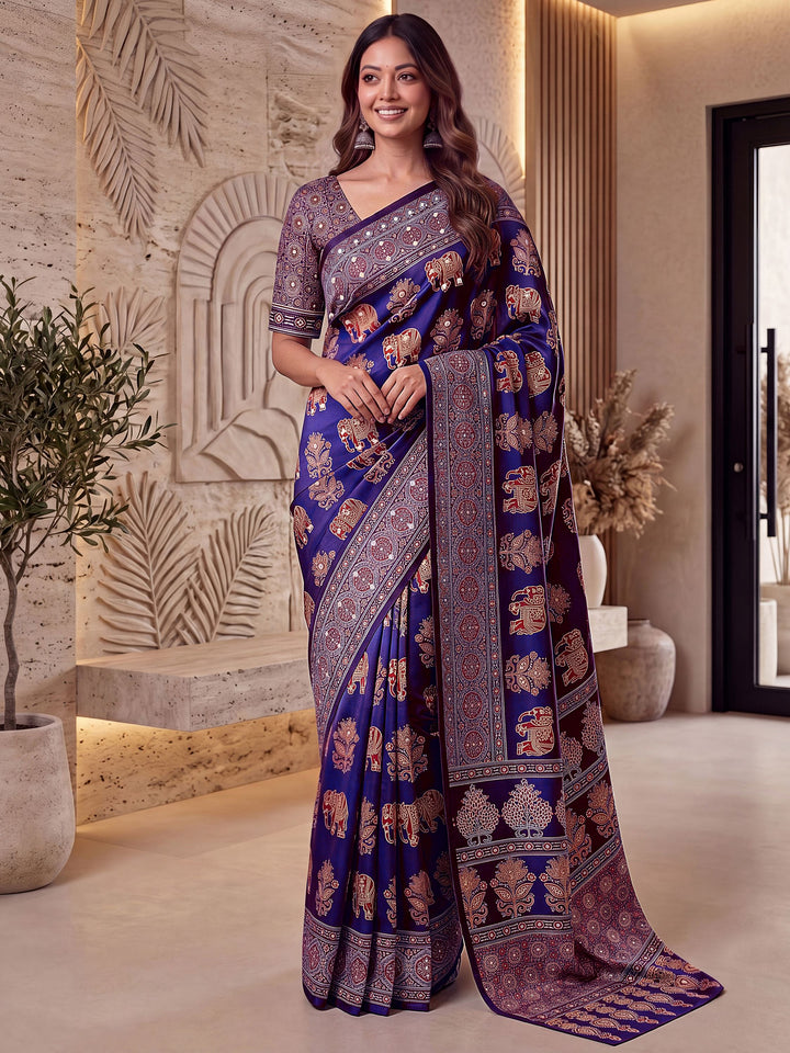 Incredible Purple Ajrak Print Crepe Festival Wear Saree With Blouse