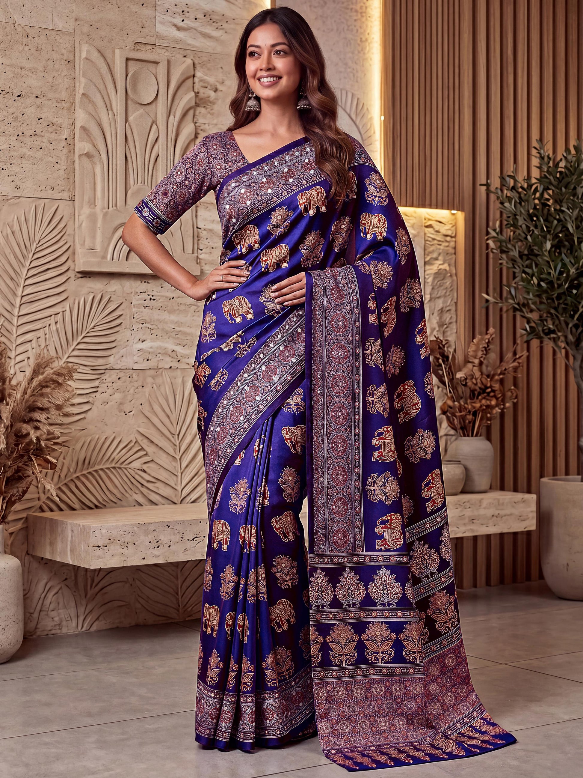 Incredible Purple Ajrak Print Crepe Festival Wear Saree With Blouse