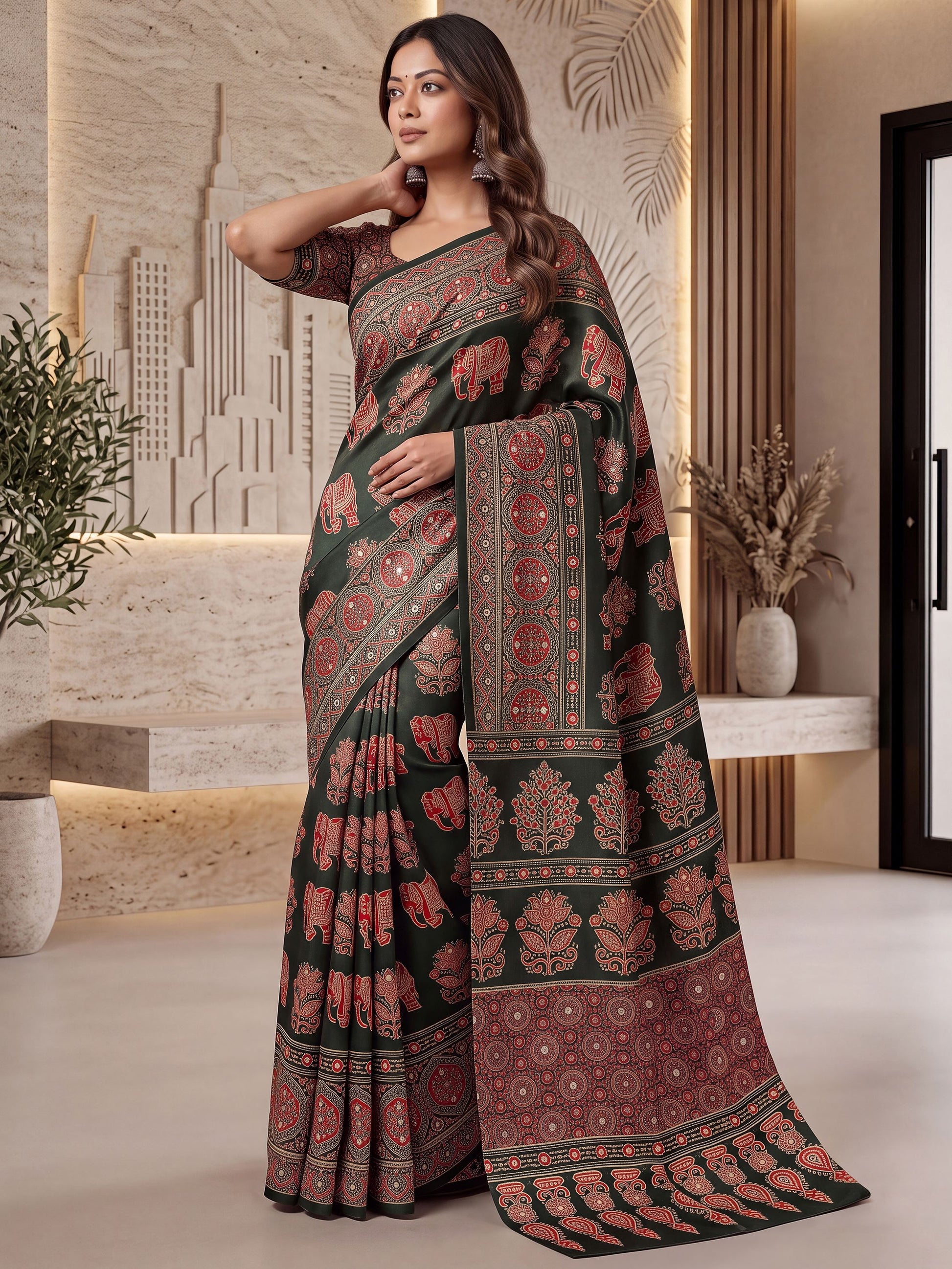 Wonderful Dark Green Ajrak Print Crepe Festive Wear Saree With Blouse