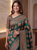 Enchanting Green Ajrak Printed Crepe Wedding Wear Saree With Blouse