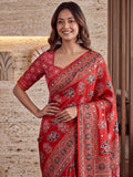 Classic Red Mirror Work Crepe Traditional Wear Saree With Blouse