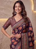 Attractive Wine Mirror Work Crepe Function Wear Saree With Blouse