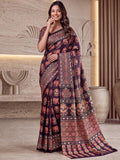 Attractive Wine Mirror Work Crepe Function Wear Saree With Blouse