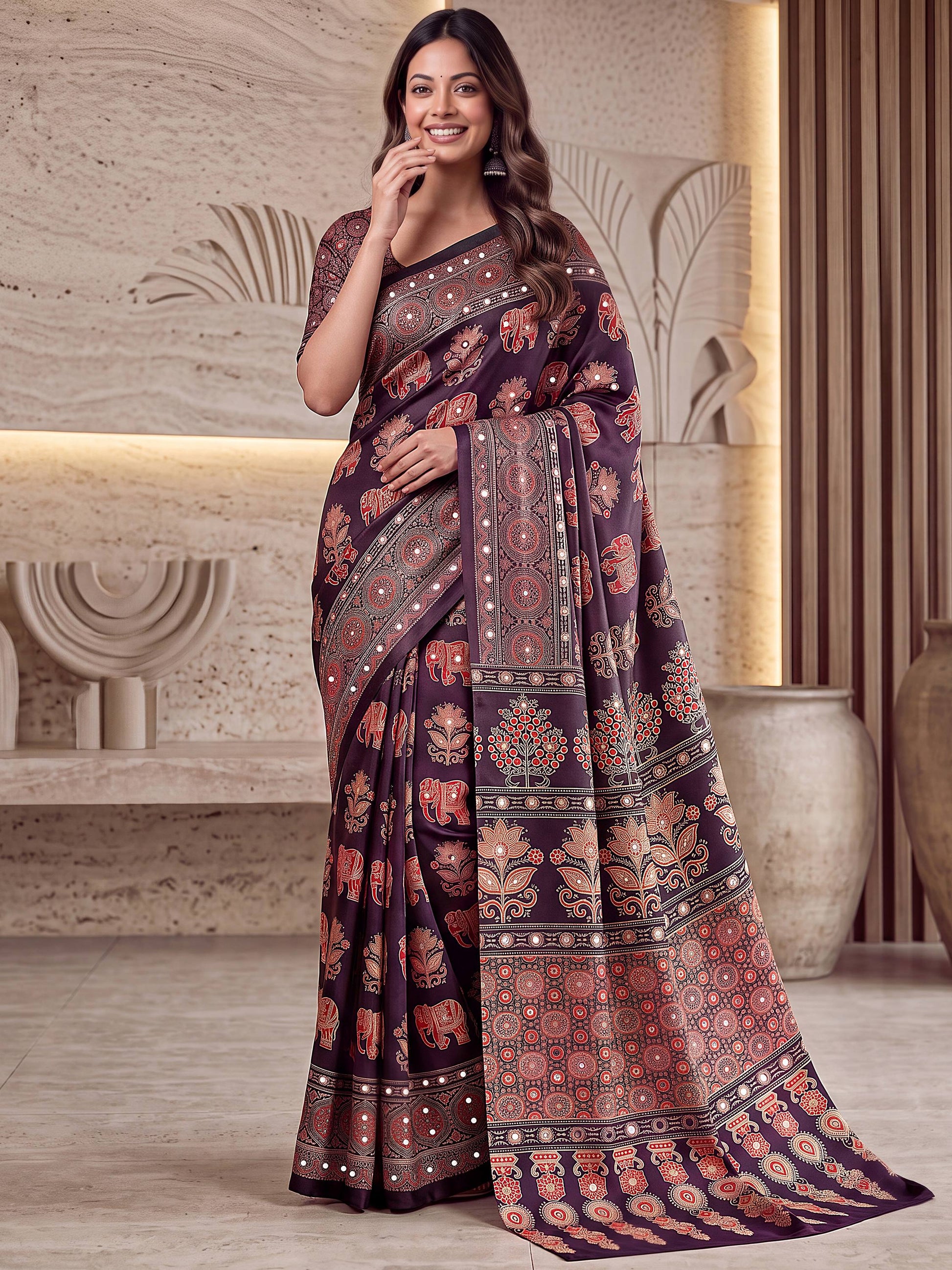Attractive Wine Mirror Work Crepe Function Wear Saree With Blouse