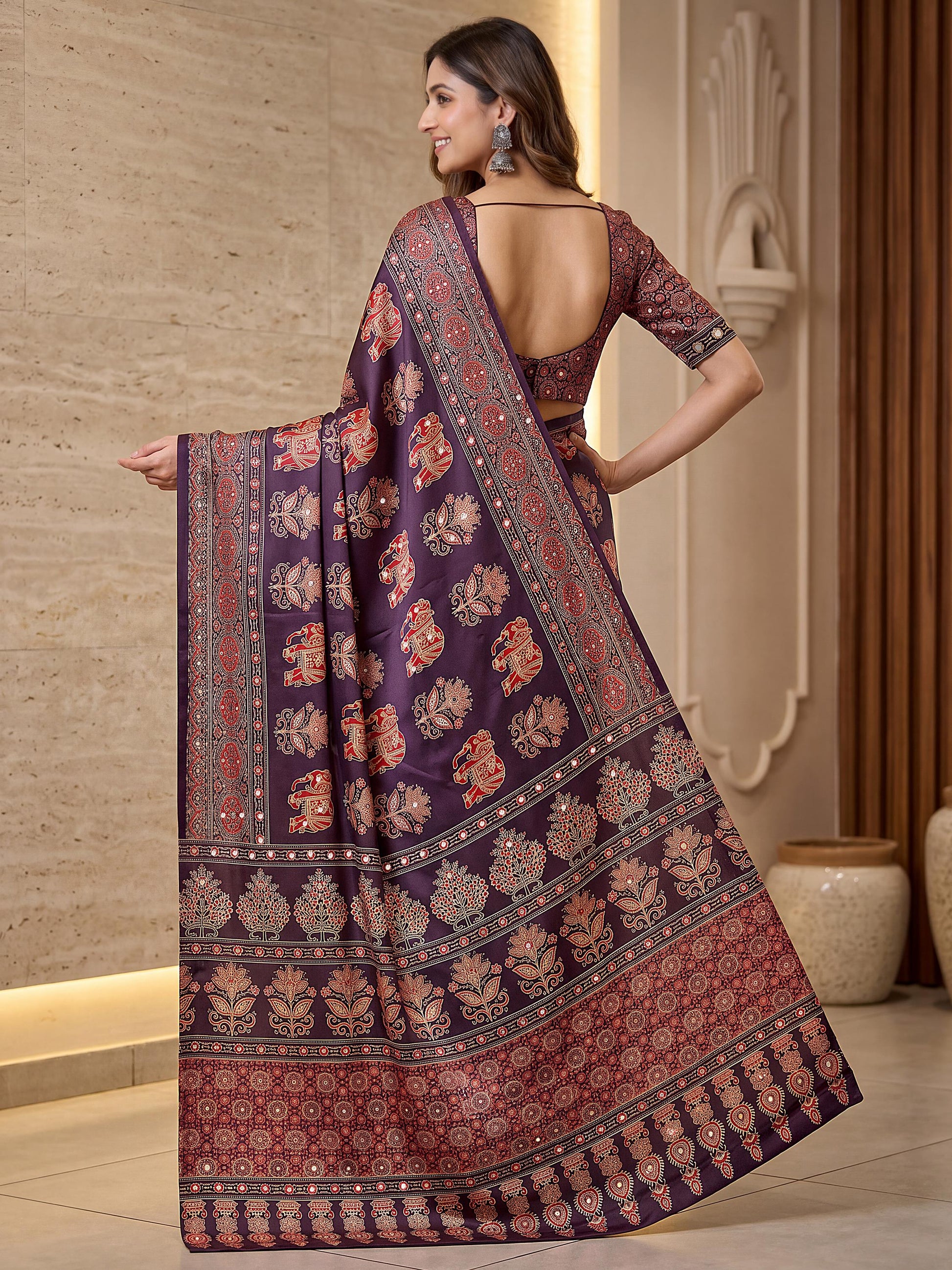 Attractive Wine Mirror Work Crepe Function Wear Saree With Blouse