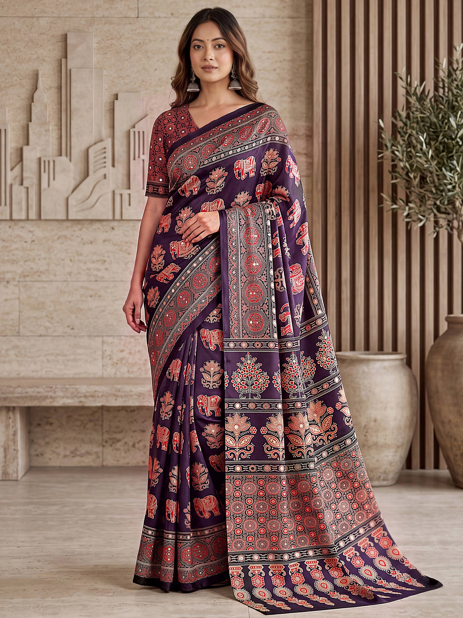 Attractive Wine Mirror Work Crepe Function Wear Saree With Blouse