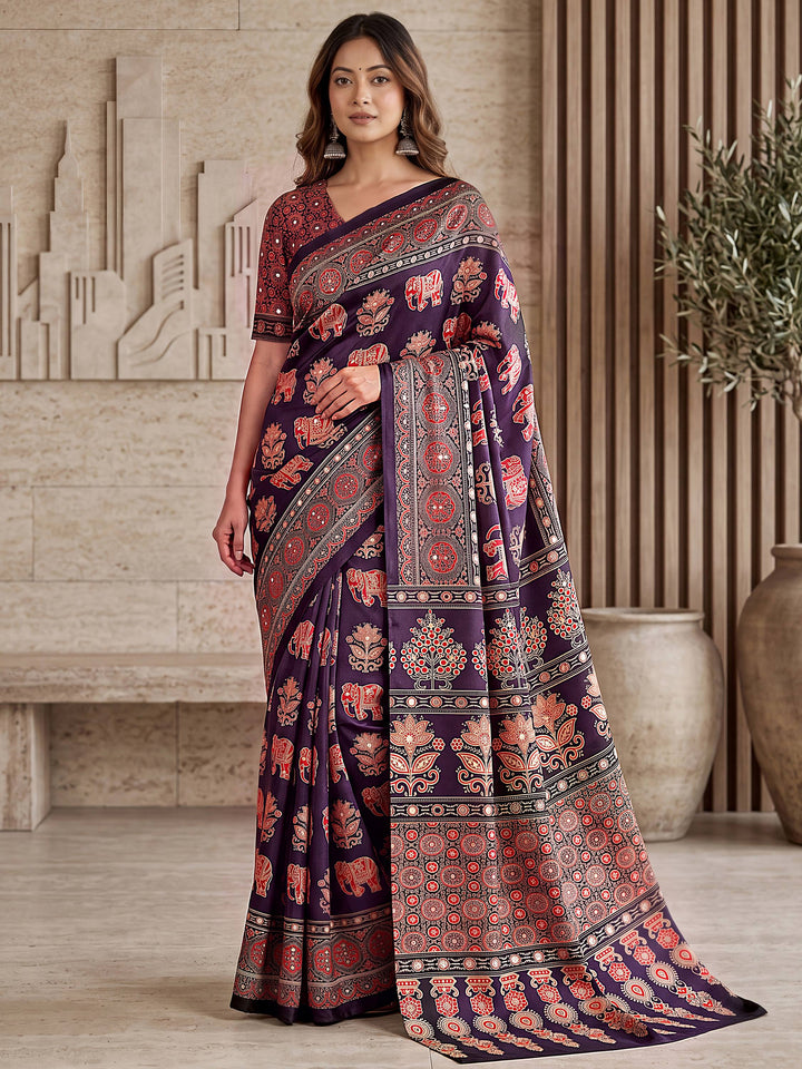 Attractive Wine Mirror Work Crepe Function Wear Saree With Blouse