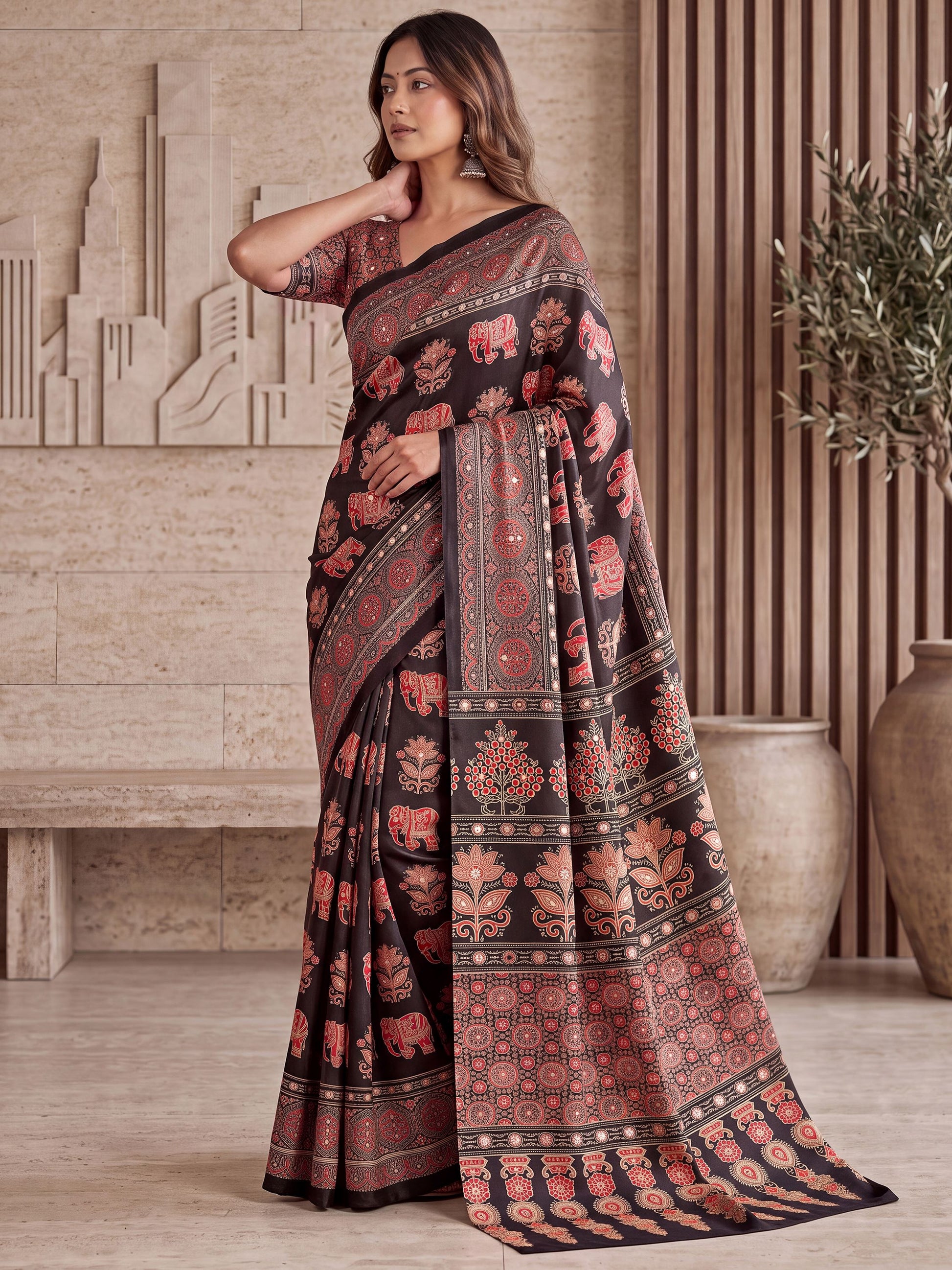 Glamorous Black Mirror Work Crepe Event Wear Saree With Blouse