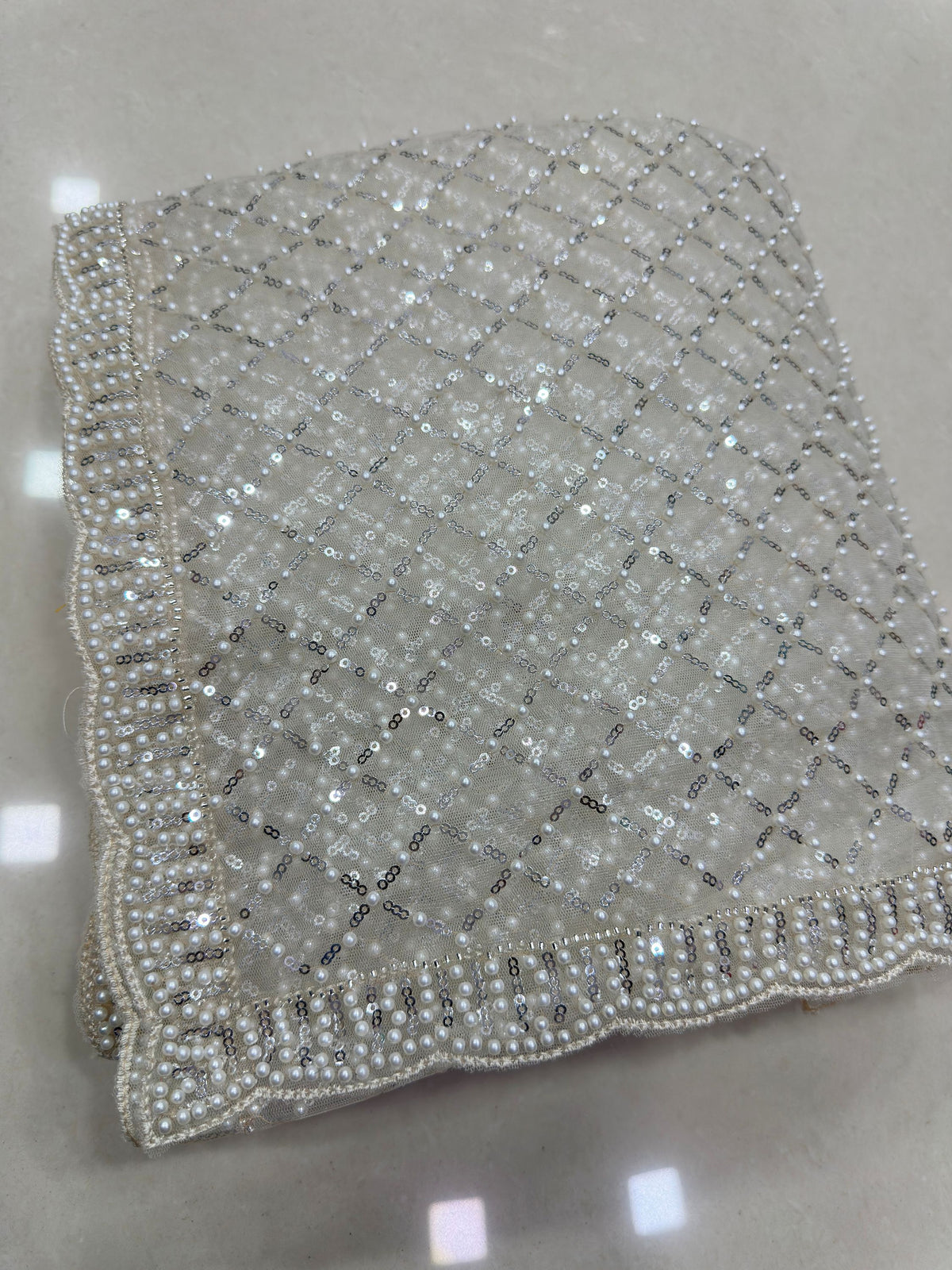 Elegant White Pearl Work Net Reception Wear Saree With Blouse