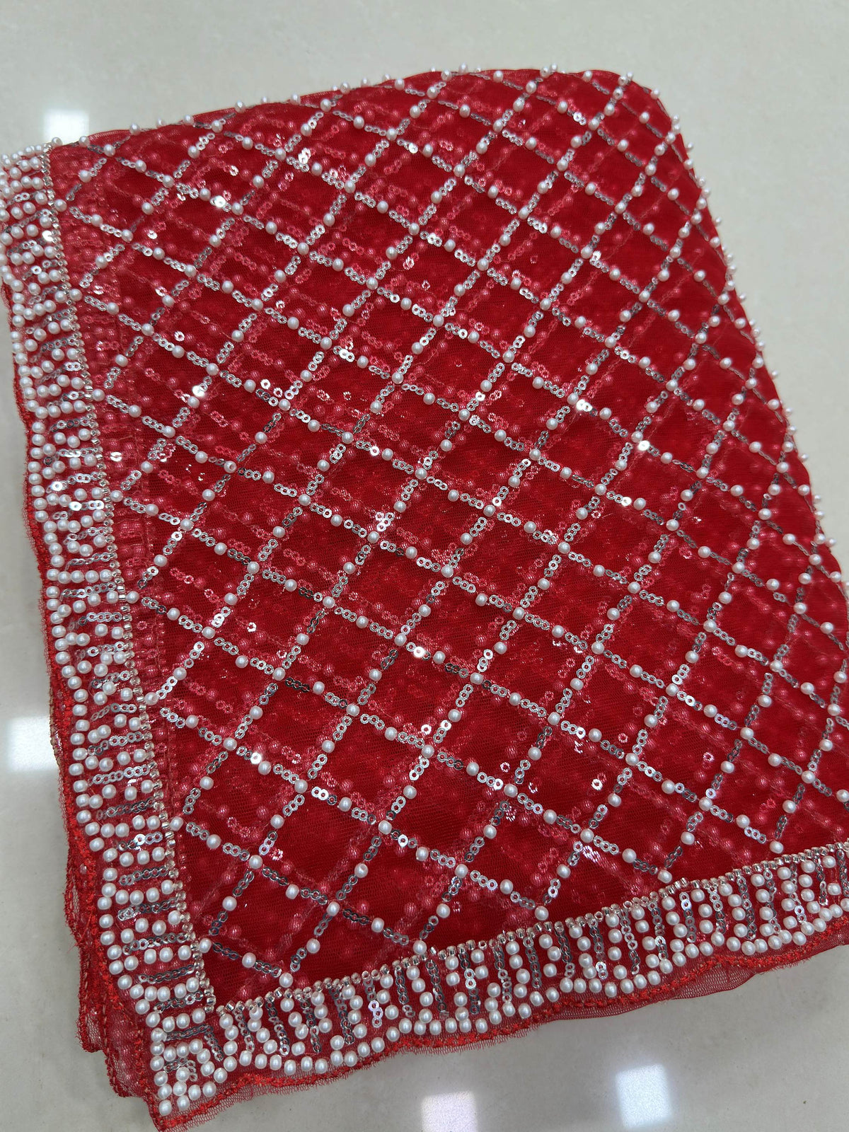 Striking Red Sequins Work Net Wedding Wear Saree WIth Blouse