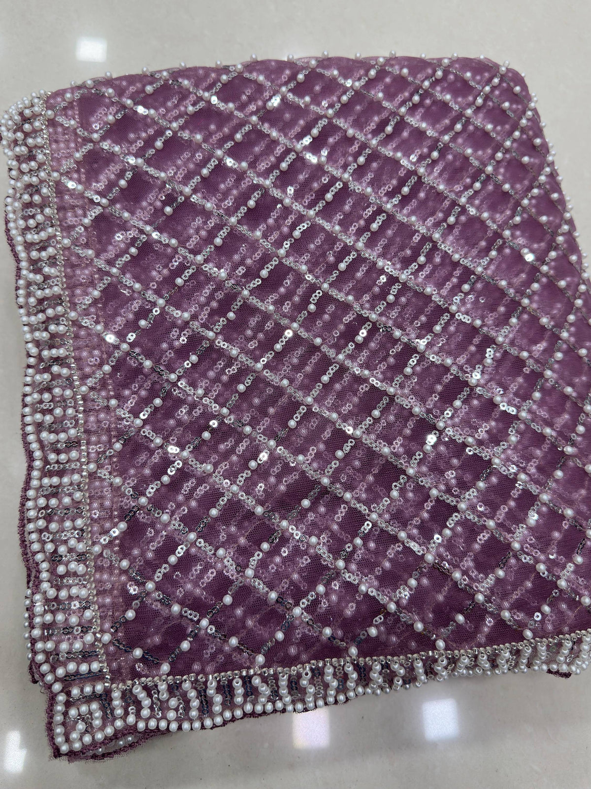 Radiant Lavender Sequins Work Net Reception Wear Saree