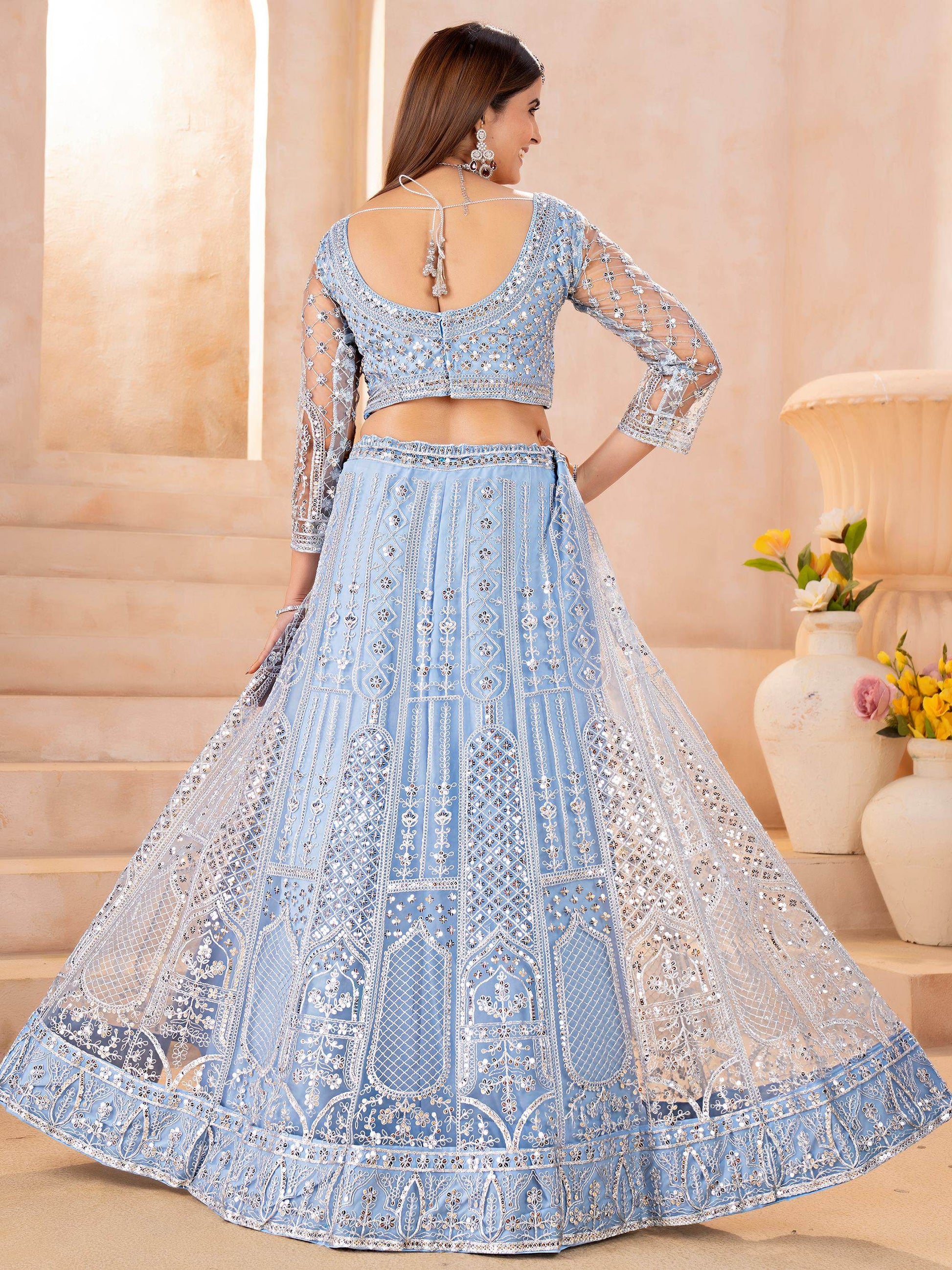 Dazzling Blue Sequins Embroidery Chinon Wedding Wear Lehenga Choli With Dupatta