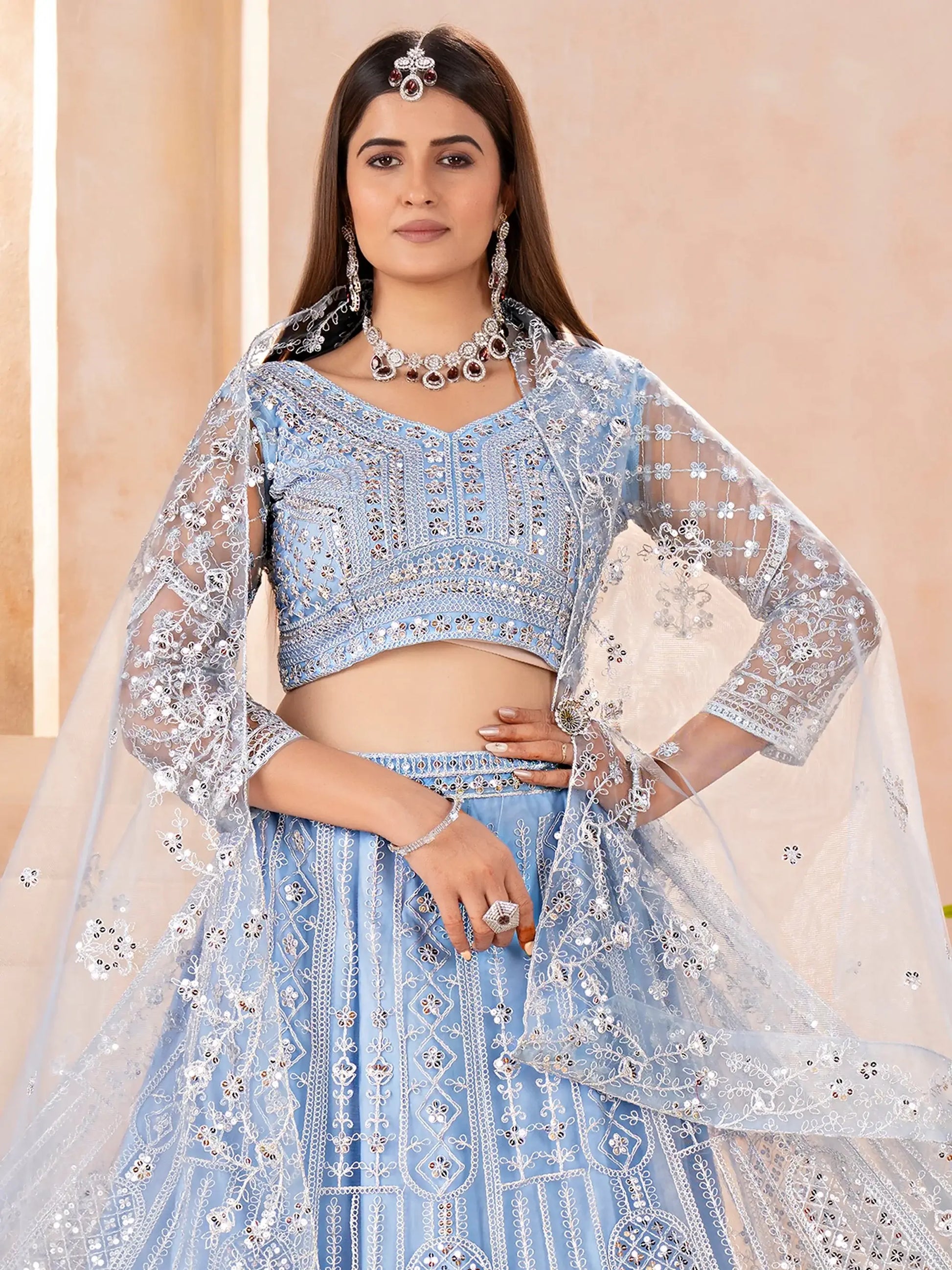 Dazzling Blue Sequins Embroidery Chinon Wedding Wear Lehenga Choli With Dupatta