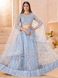 Dazzling Blue Sequins Embroidery Chinon Wedding Wear Lehenga Choli With Dupatta