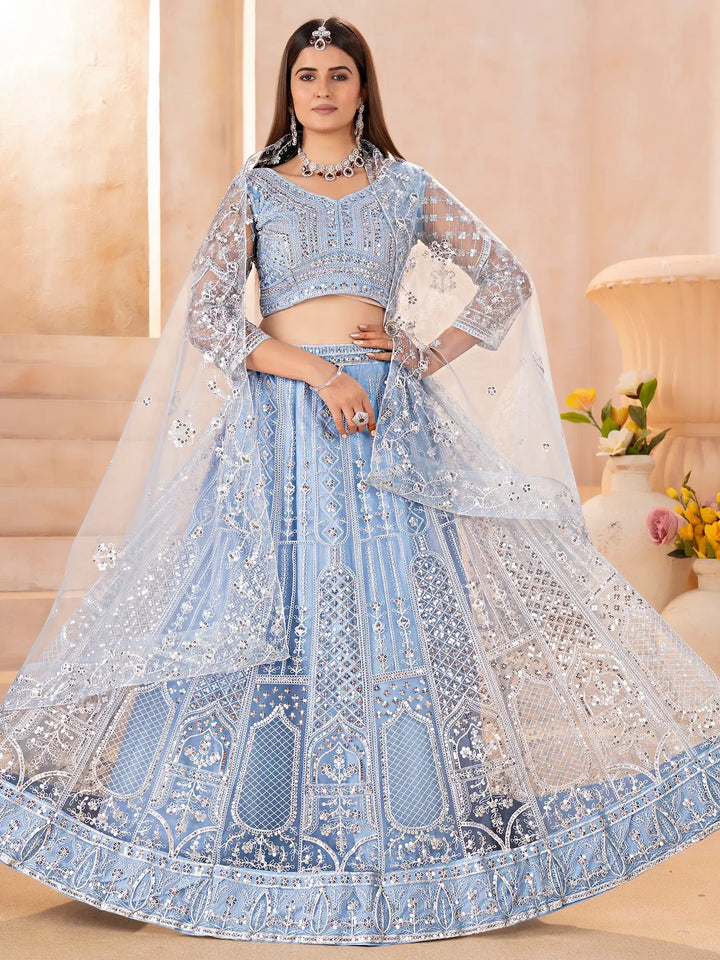 Dazzling Blue Sequins Embroidery Chinon Wedding Wear Lehenga Choli With Dupatta