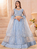 Dazzling Blue Sequins Embroidery Chinon Wedding Wear Lehenga Choli With Dupatta
