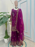Beautiful Purple Sequins Georgette Reception Wear Sharara Suit With Dupatta