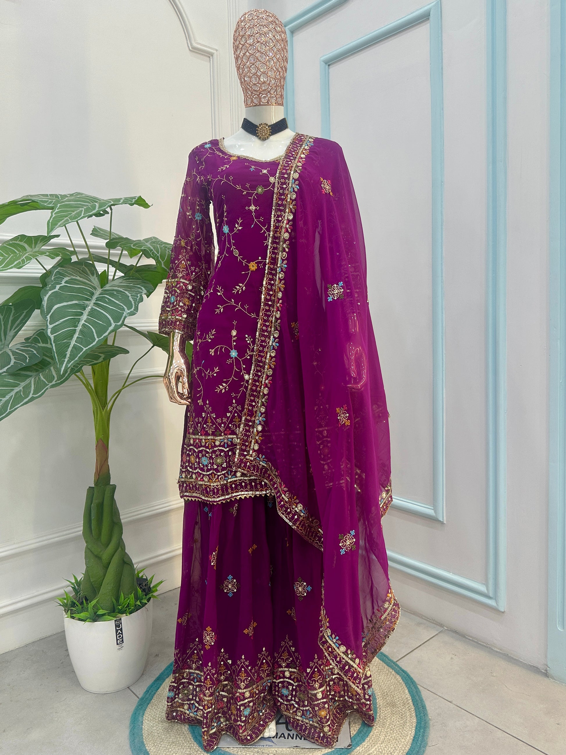 Beautiful Purple Sequins Georgette Reception Wear Sharara Suit With Dupatta