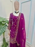 Beautiful Purple Sequins Georgette Reception Wear Sharara Suit With Dupatta